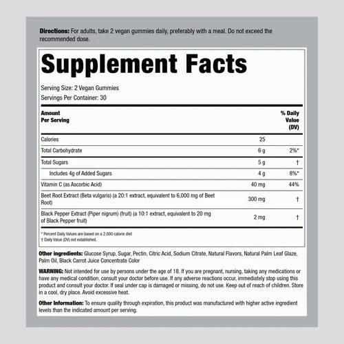 Piping Rock Nitric Oxide Max Beet Root With Nitrates 60 Gummies EXP 01/2026