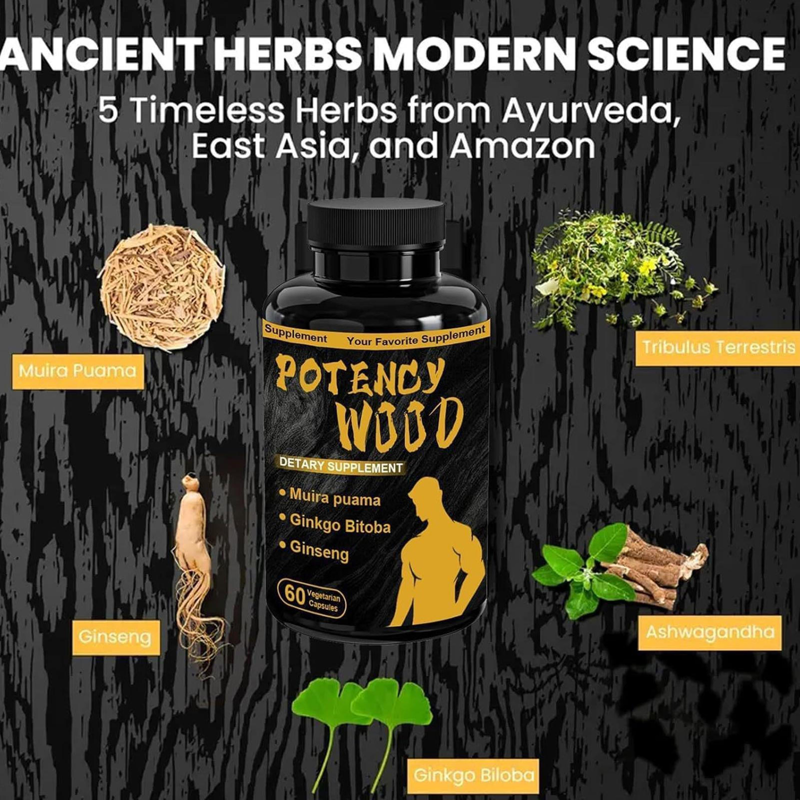 Potency Wood Ginseng Ashwagandha Gingko Tribulus, Herbal Supplements 60 Capsules