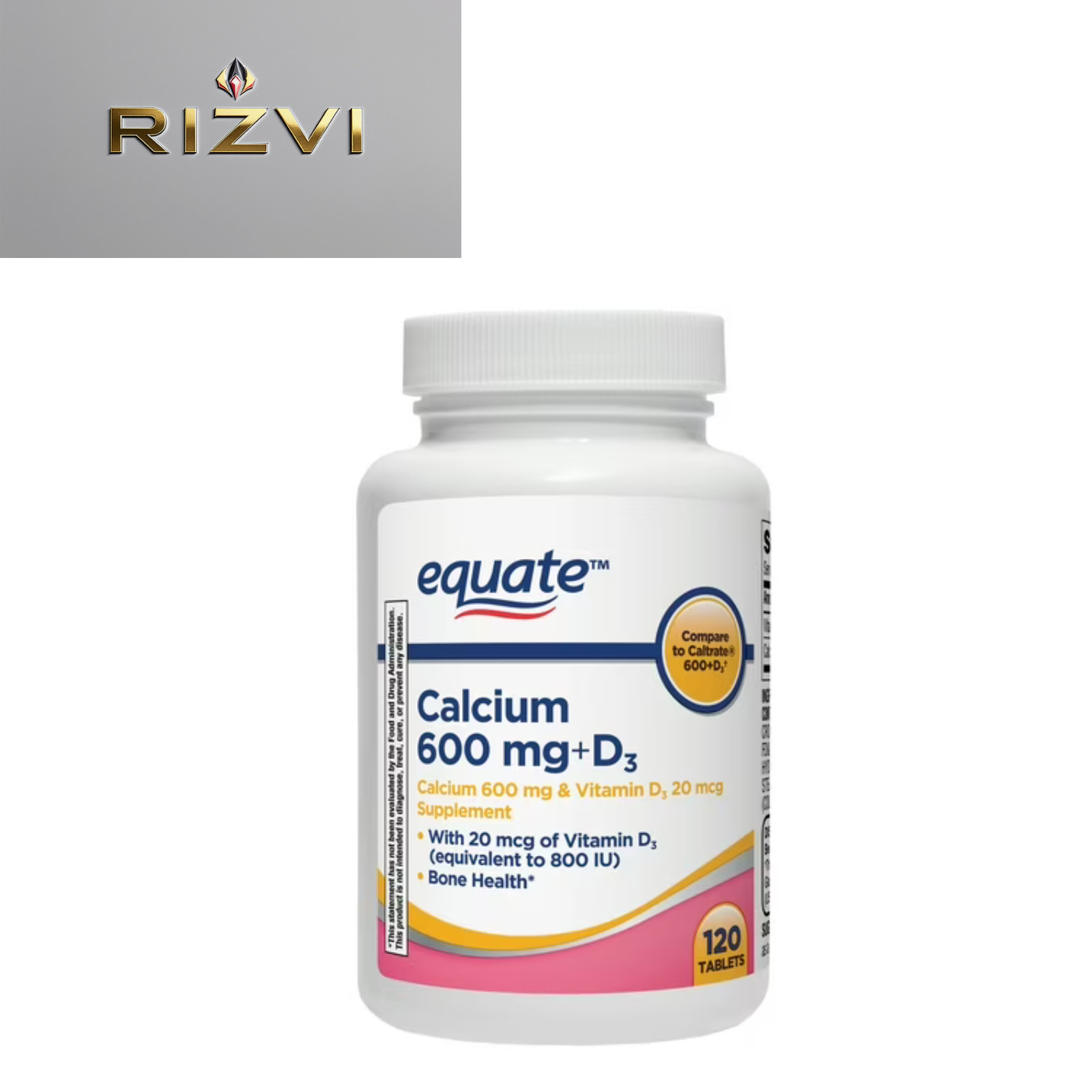 Equate Calcium + D3 Tablets Dietary Supplement, 600 mg, 120 Count