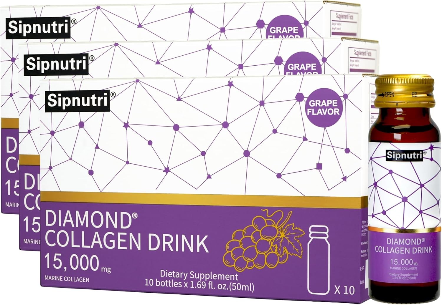 Sipnutri Diamond Collagen Drink 15g, Marine Collagen for Women Men 30 Bottles