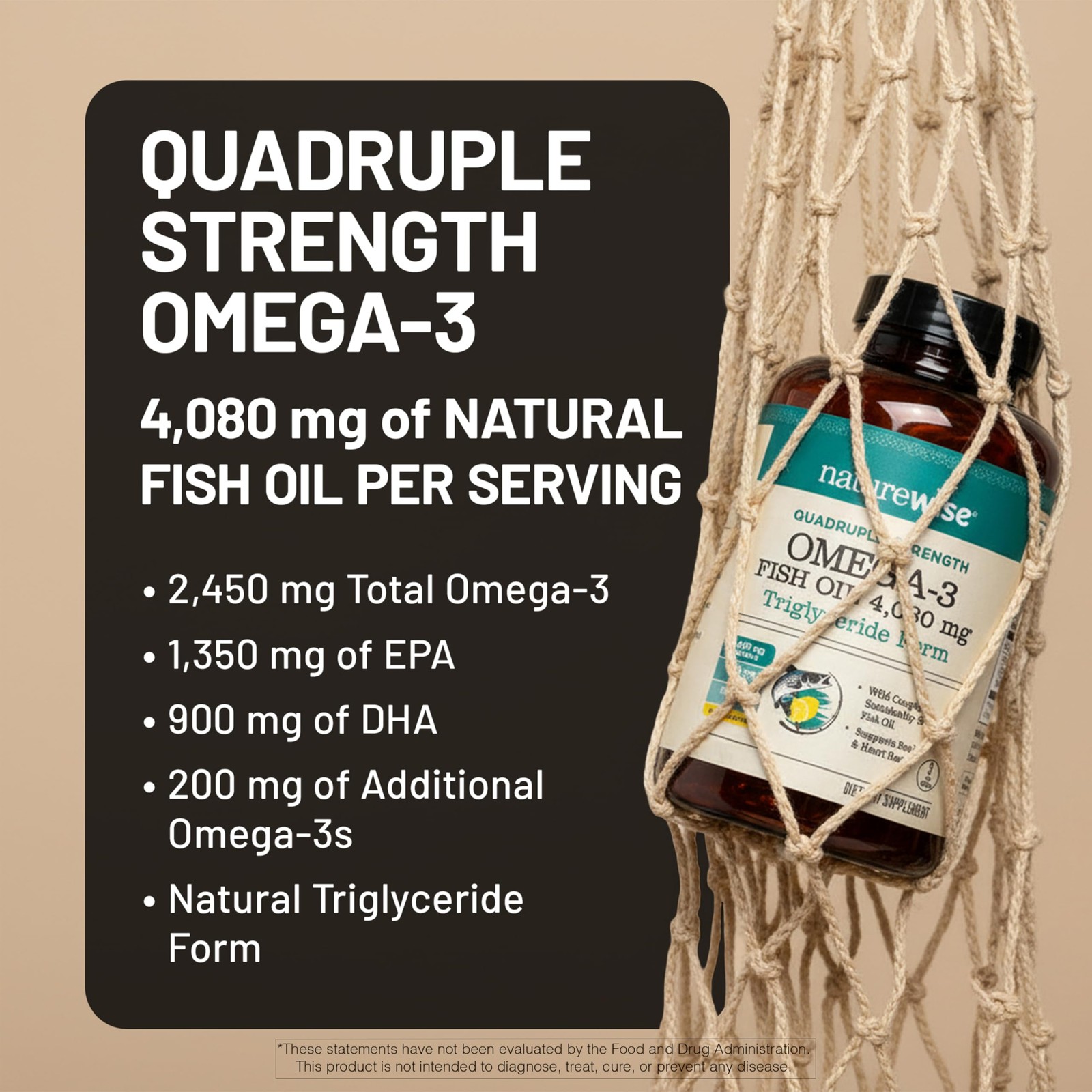 NatureWise Quad Strength Omega-3 Fish Oil 4080mg TG Form Wild Caught Burpless