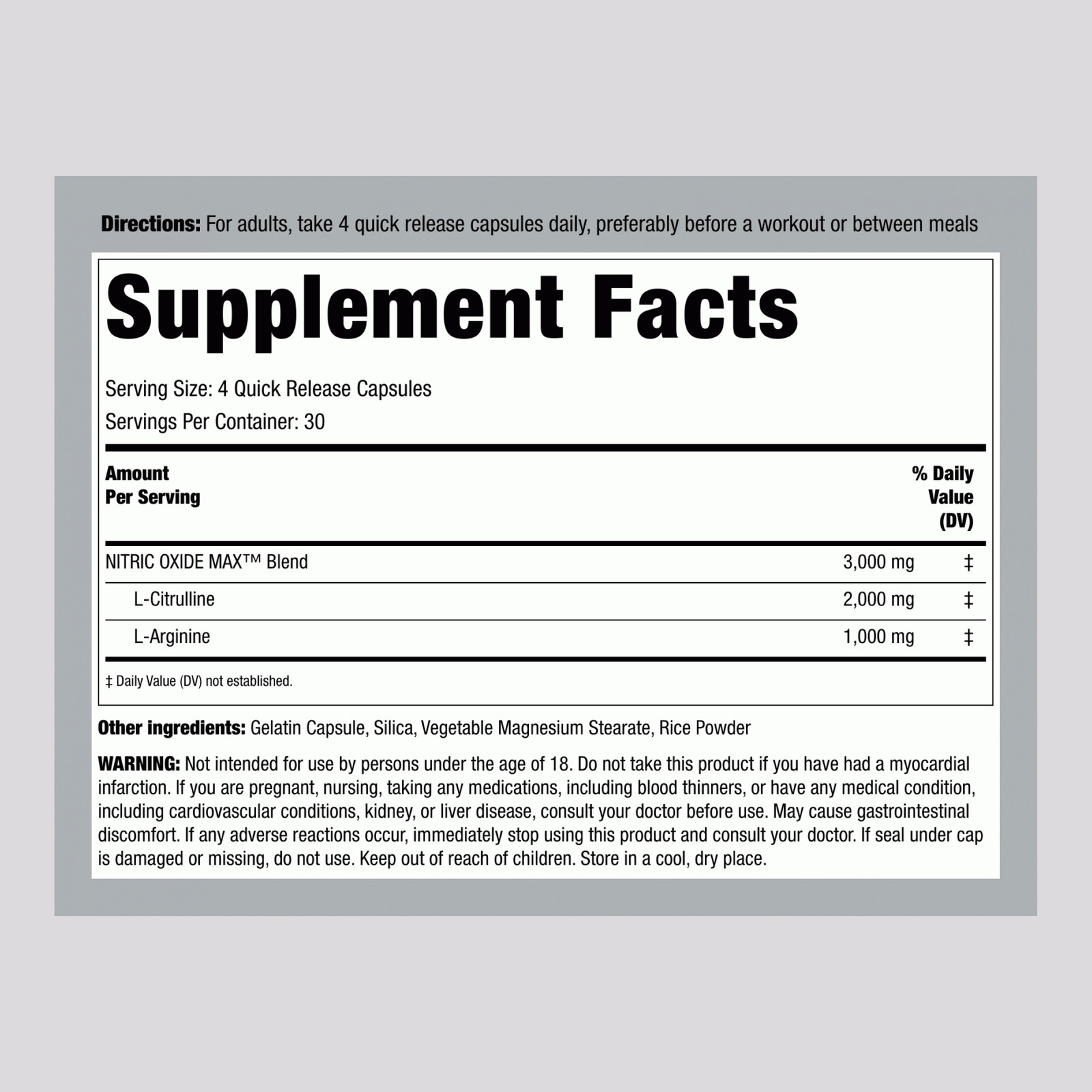 Nitric Oxide Supplement 3000mg | 120 Quick Release Capsules | by Piping Rock