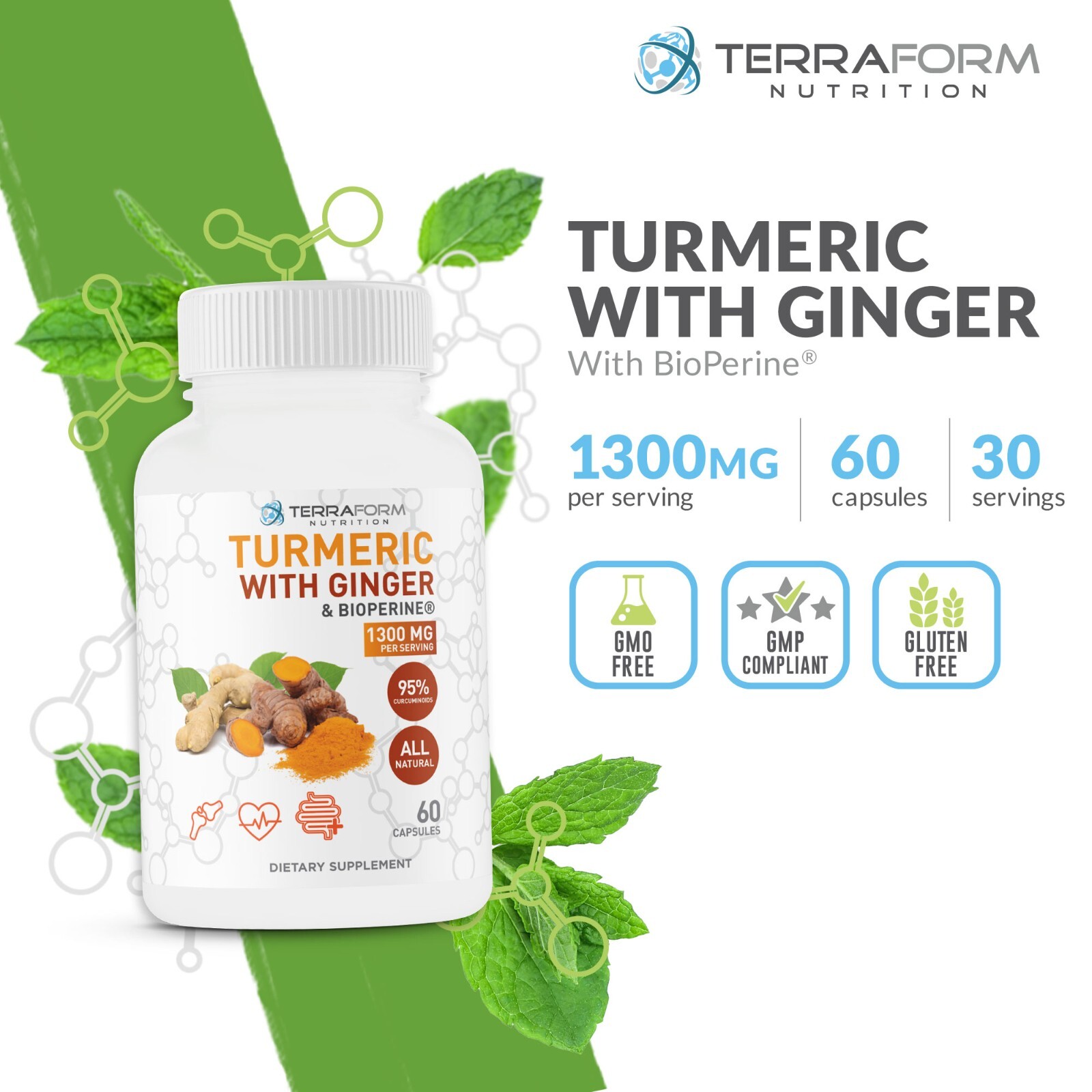 Turmeric Curcumin w Ginger & BioPerine – Supports Joint Health 1300mg/30 Serv.