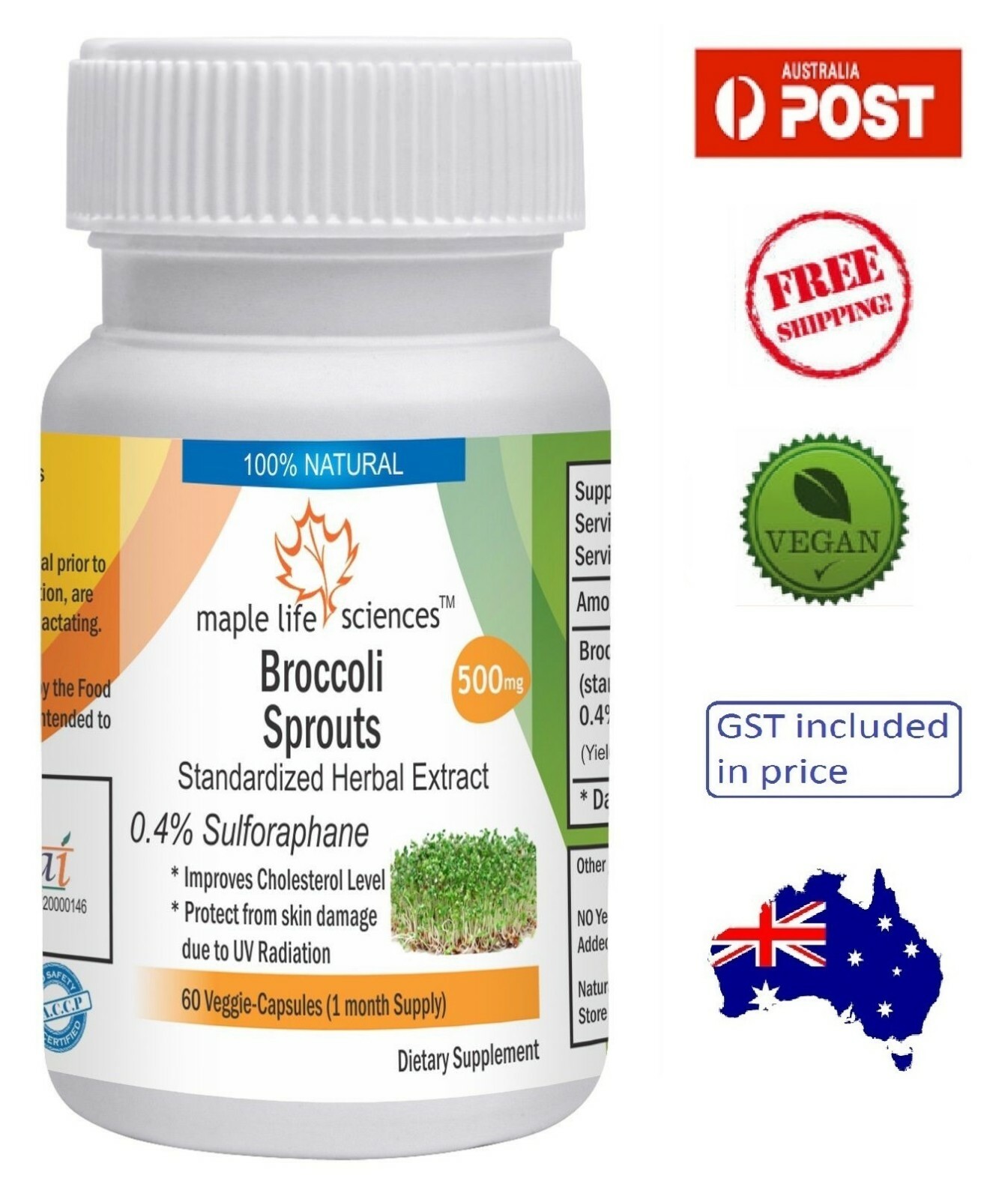 Broccoli Sprouts 20:1 Extract (Sulforaphane) Capsules – 500mg – AU Stock