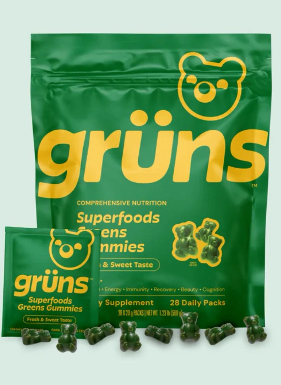 grüns Superfoods Greens Gummies, Gummy Supplement, Fresh & Sweet Taste, 28 Packs