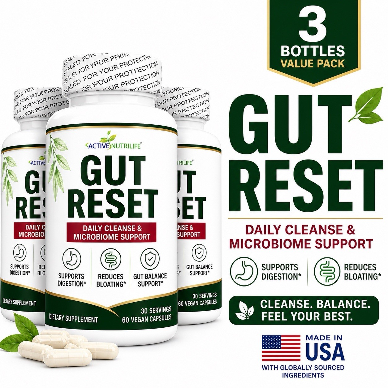 3 Gut Reset Probiotic Capsules Digestive Support Prebiotic Fiber Gut Health USA