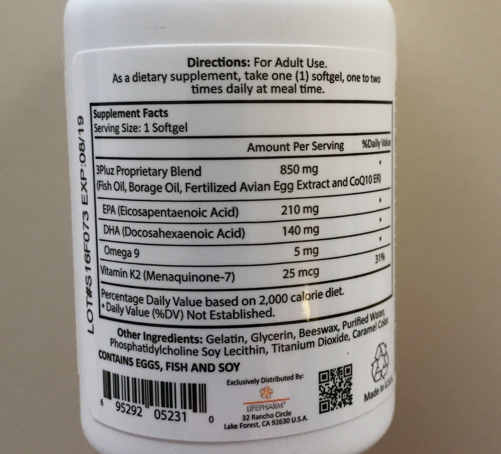 ONE Bottle LifePharm Omega+++ Dietary Supplement, 30 softgels.