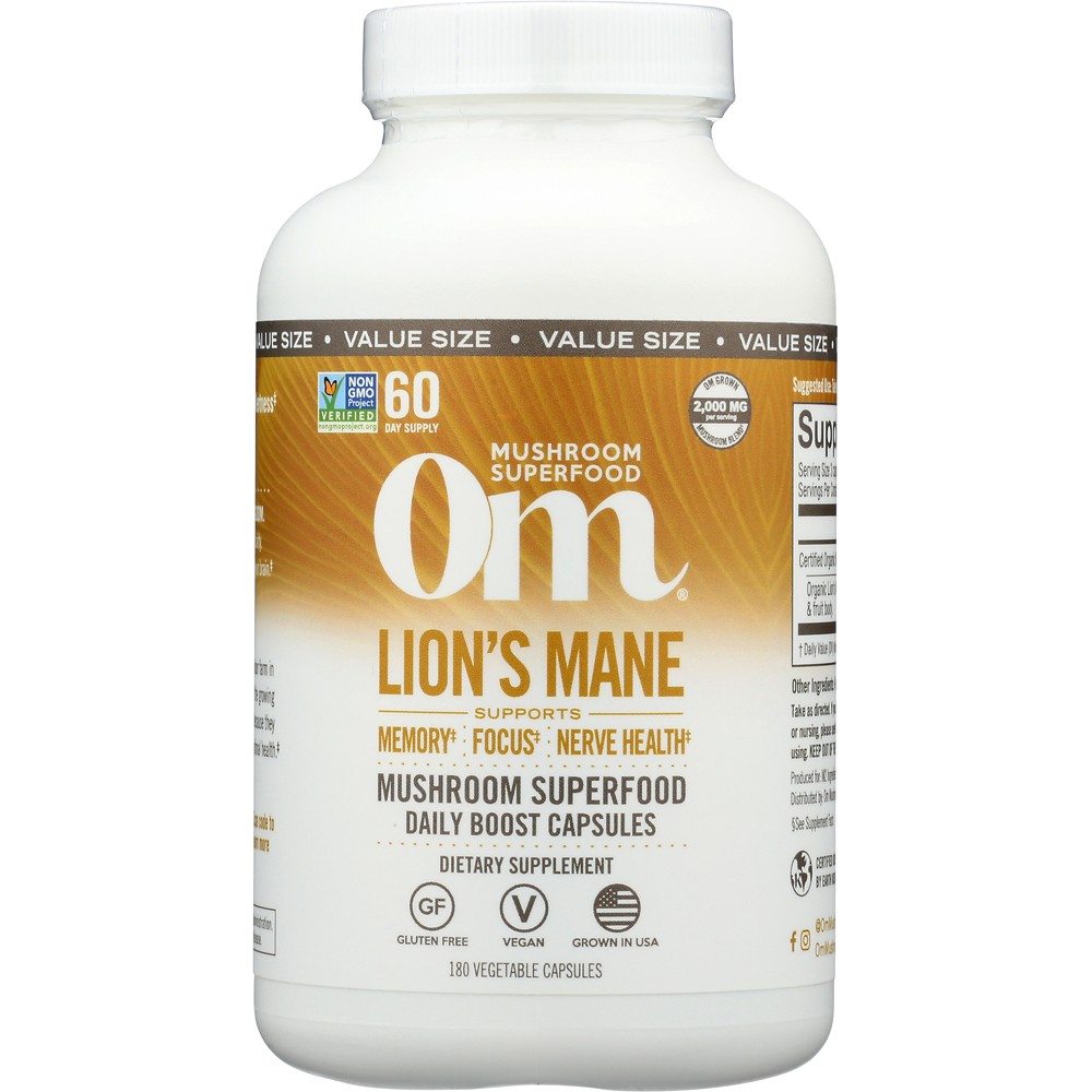 Om Mushroom Lion’S Mane 180 Vegetable Capsules Vegan Dietary Supplement 1 Pack