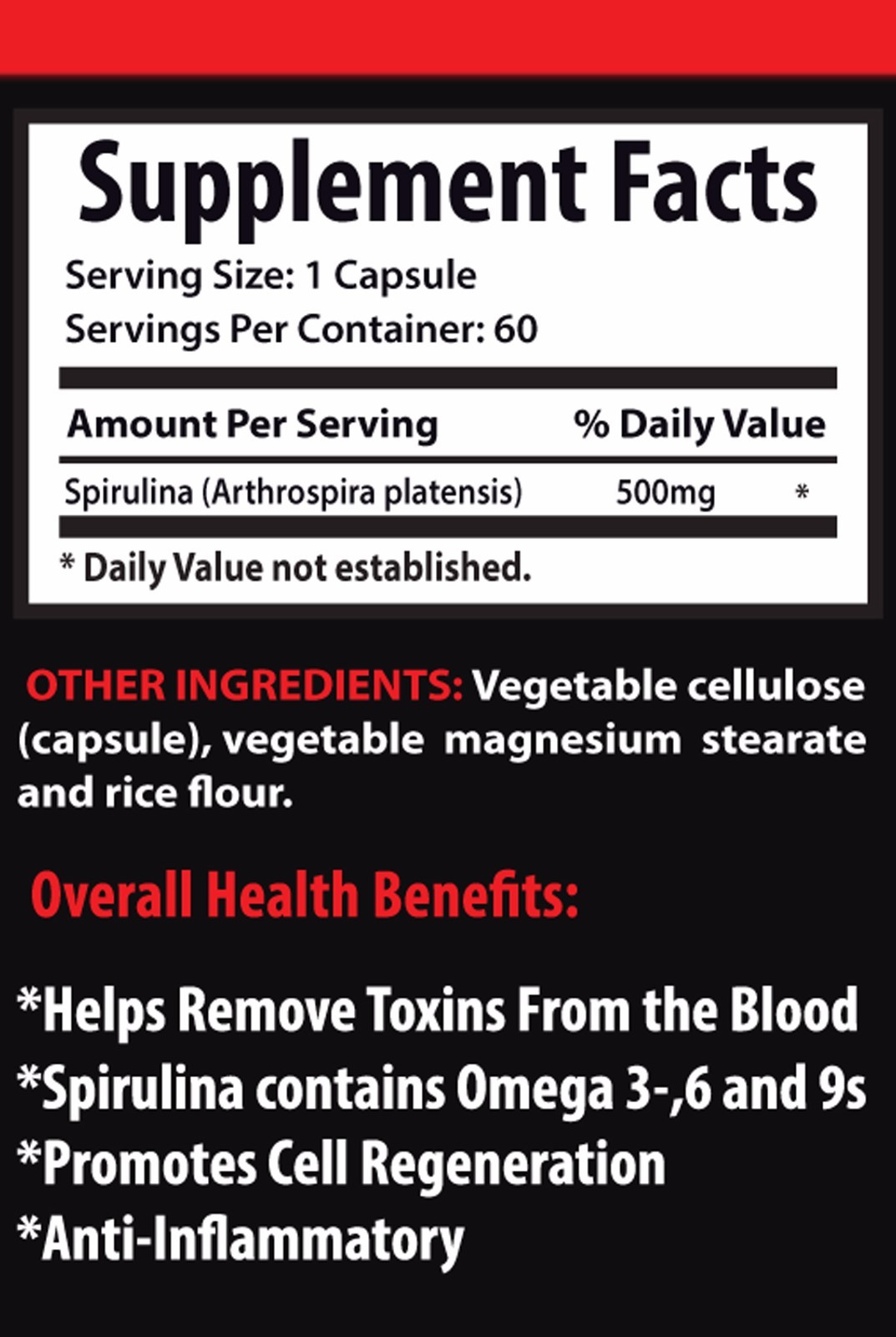 Natural Supplement – PURE SPIRULINA 500 Mg – Improves Digestion – 1 Bottle, 60 C