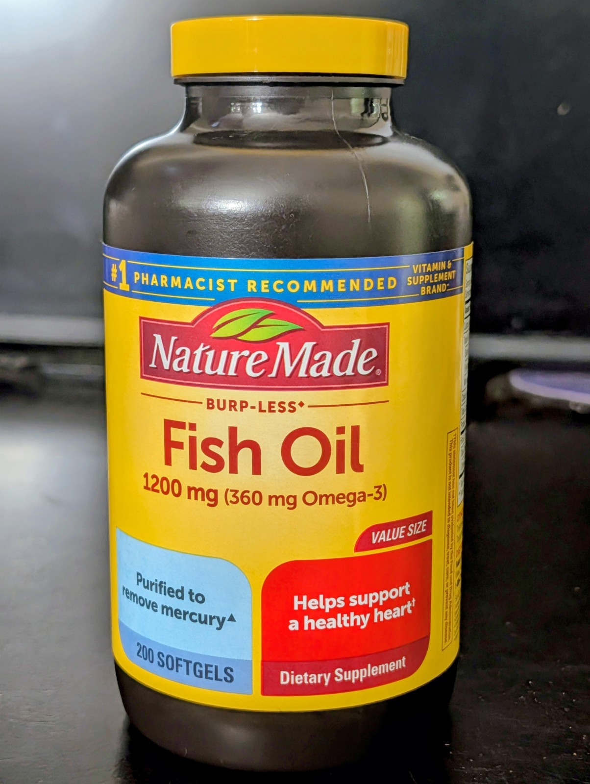 Nature Made Burp-Less Fish Oil 1200 mg (360 mg Omega-3) Softgels, 200ct