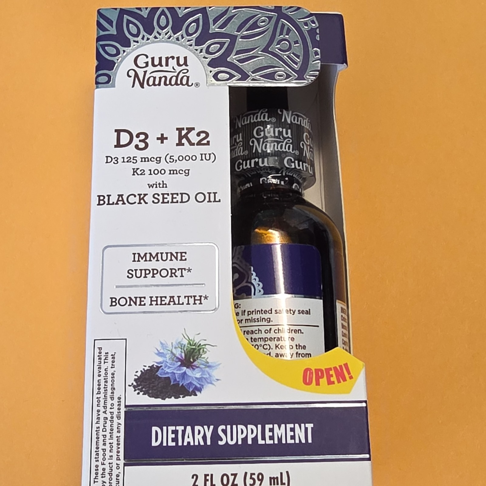 Guru Nanda Vitamin D3 + K2 Liquid Drops, Black Seed Oil 2 fl oz Exp 2027