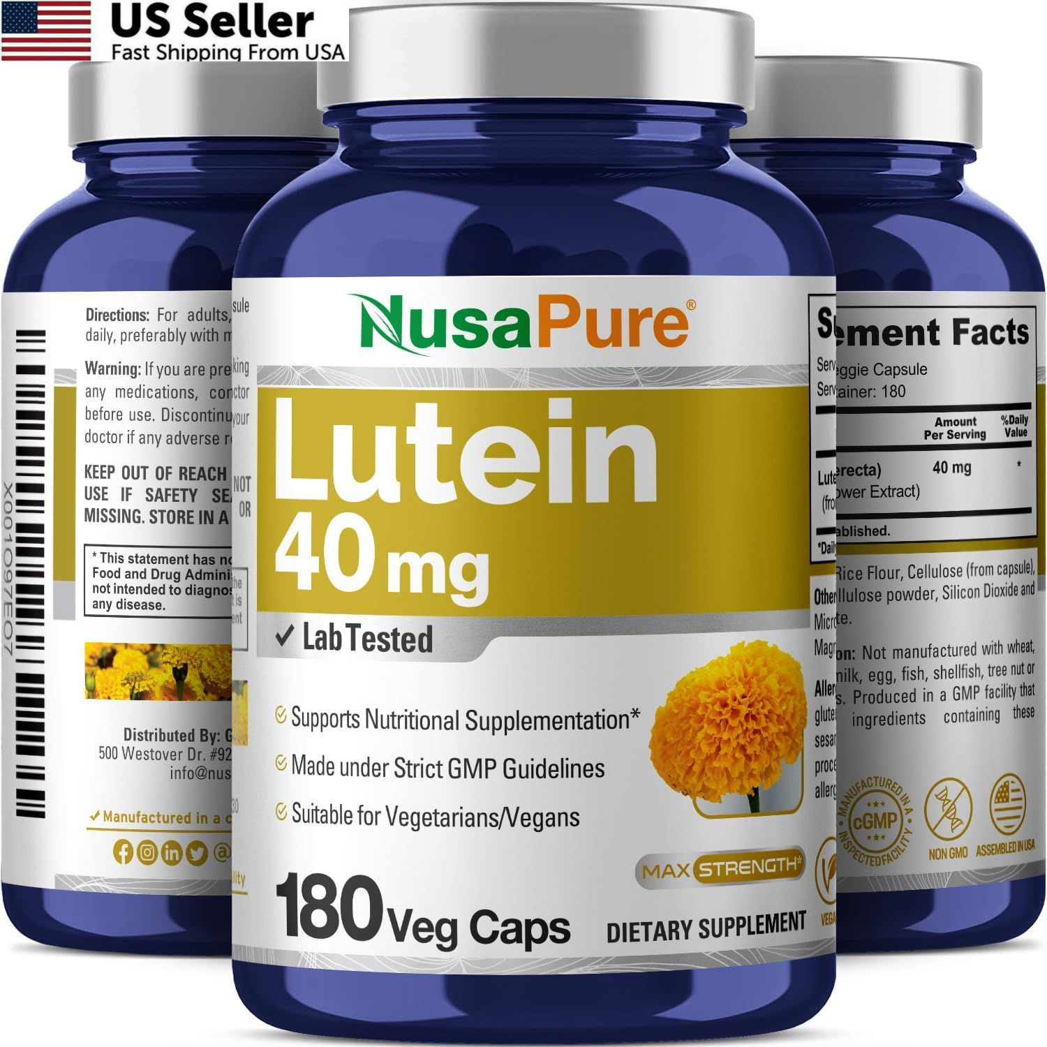 NusasPure Lutein – Suitable for Vegetarian/Vegan, Non – 180 Count (Pack of 1)