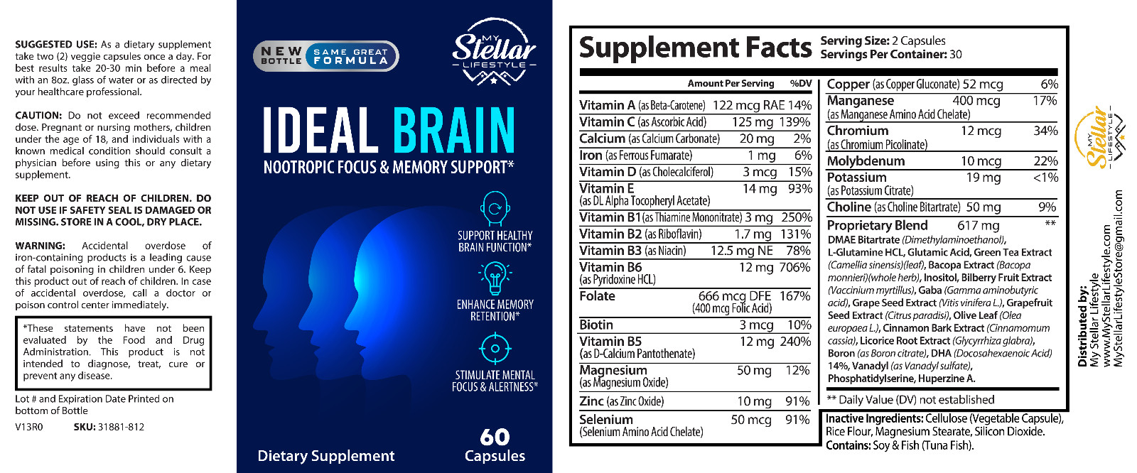 5 Pack Ideal Brain, apoya la función cerebral saludable-60 Cápsulas x5