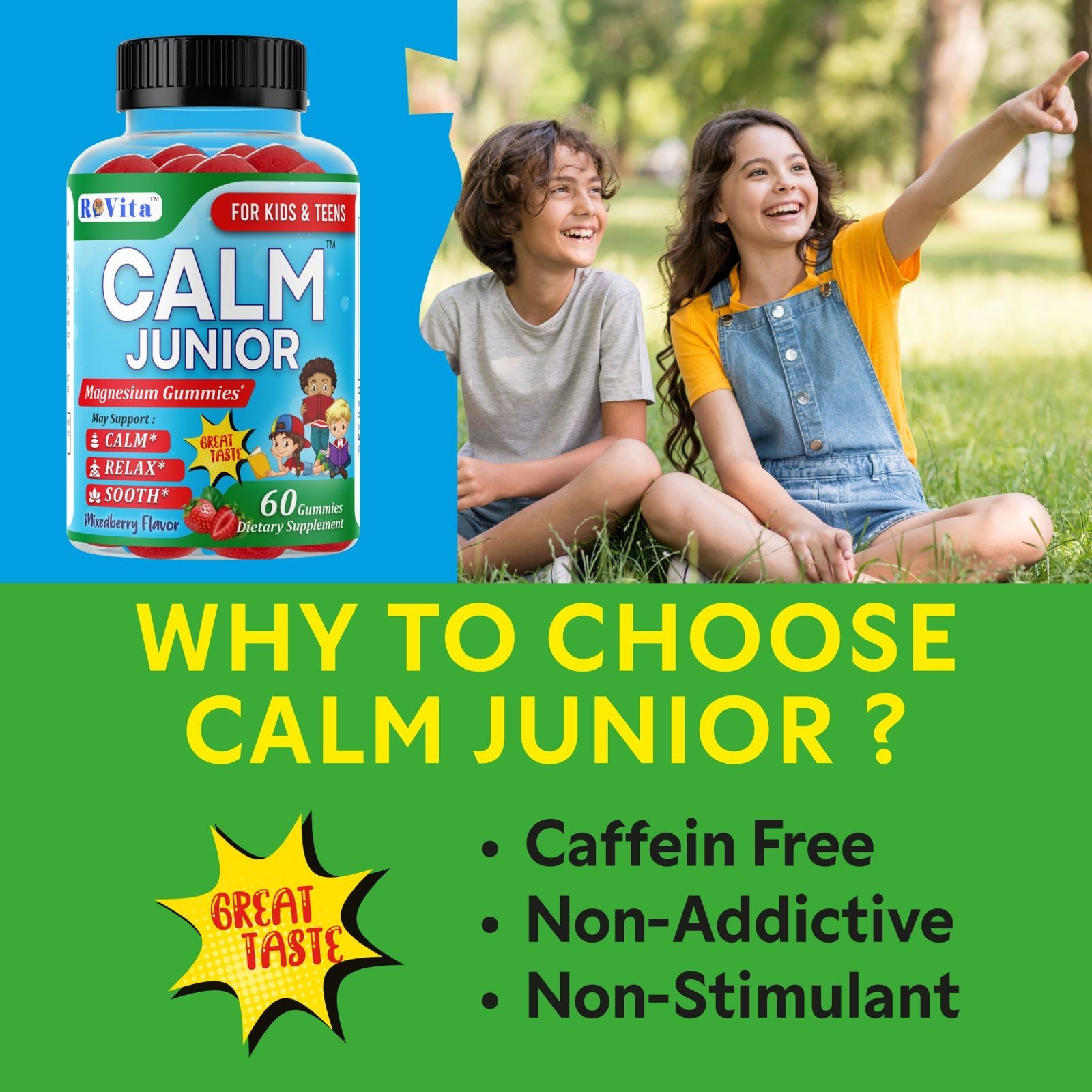 RoVita Calm Jr. Magnesium Gummies for Kids and Teen: Stress Relief & Focus 60G