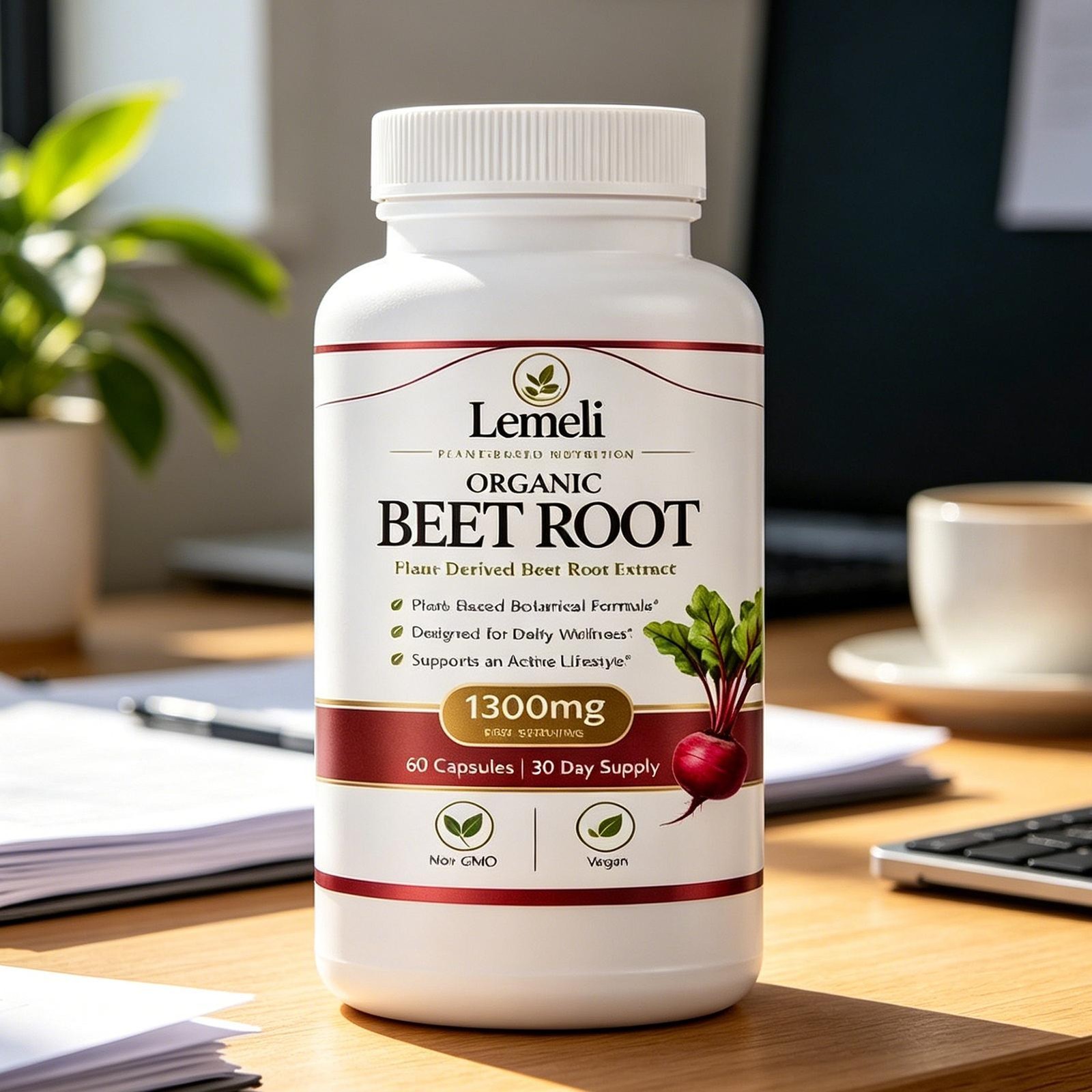 Lemeli Organic Beet Root 1300mg Beet Root Non-GMO 60 Capsules, 30-Day Supply