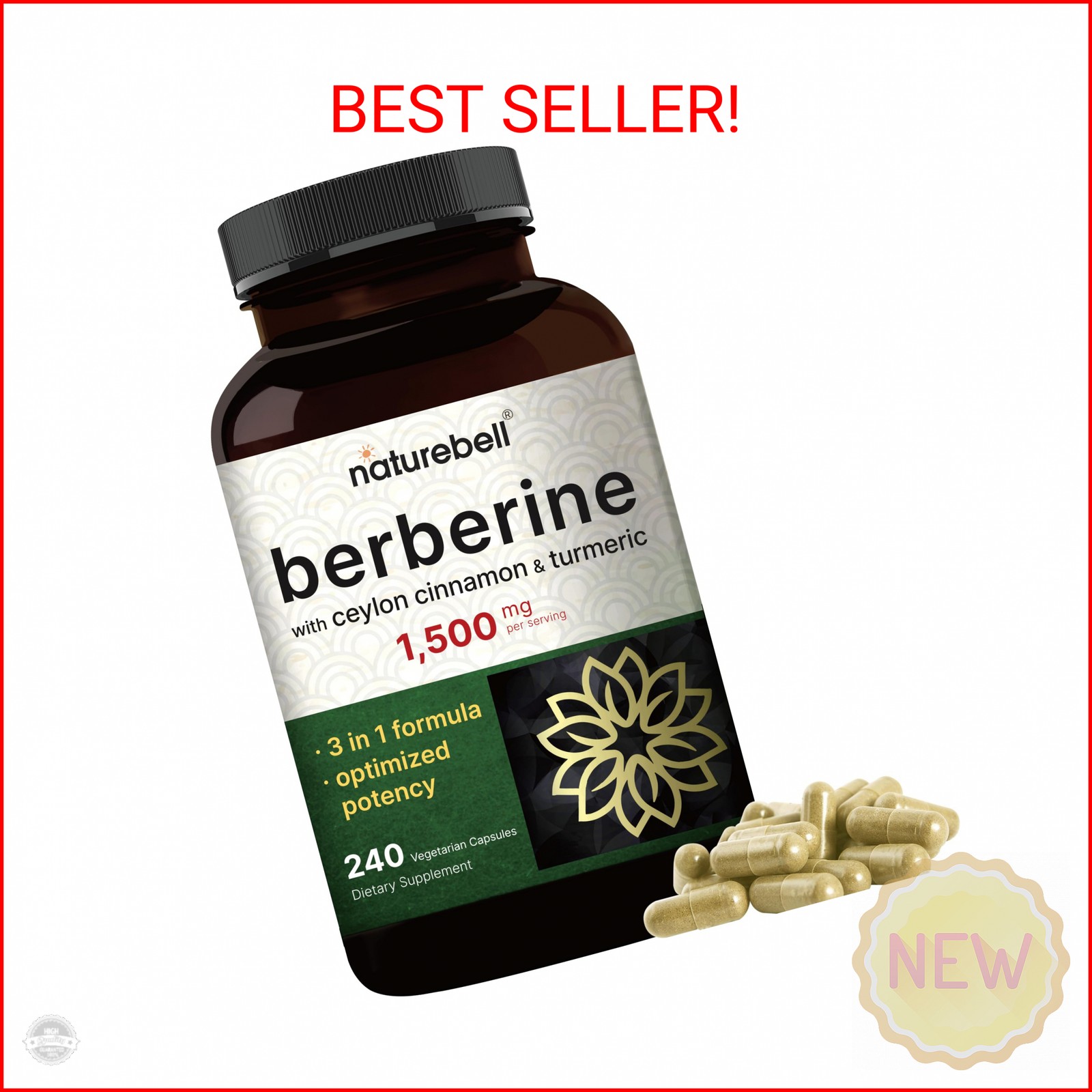 NatureBell Berberine Supplement 1,500mg with Ceylon Cinnamon & Turmeric Root, 24