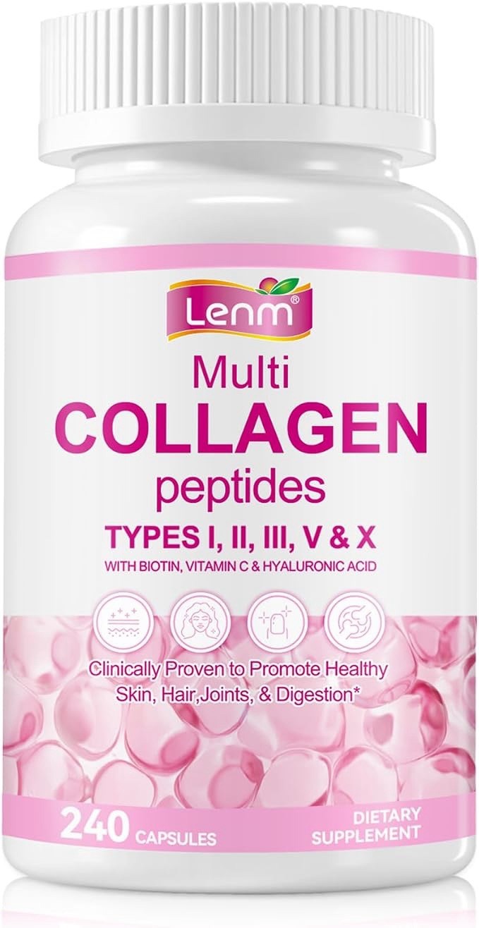 Lenm Multi Collagen Peptides Types I II III V X + Biotin Vit C 240 Caps