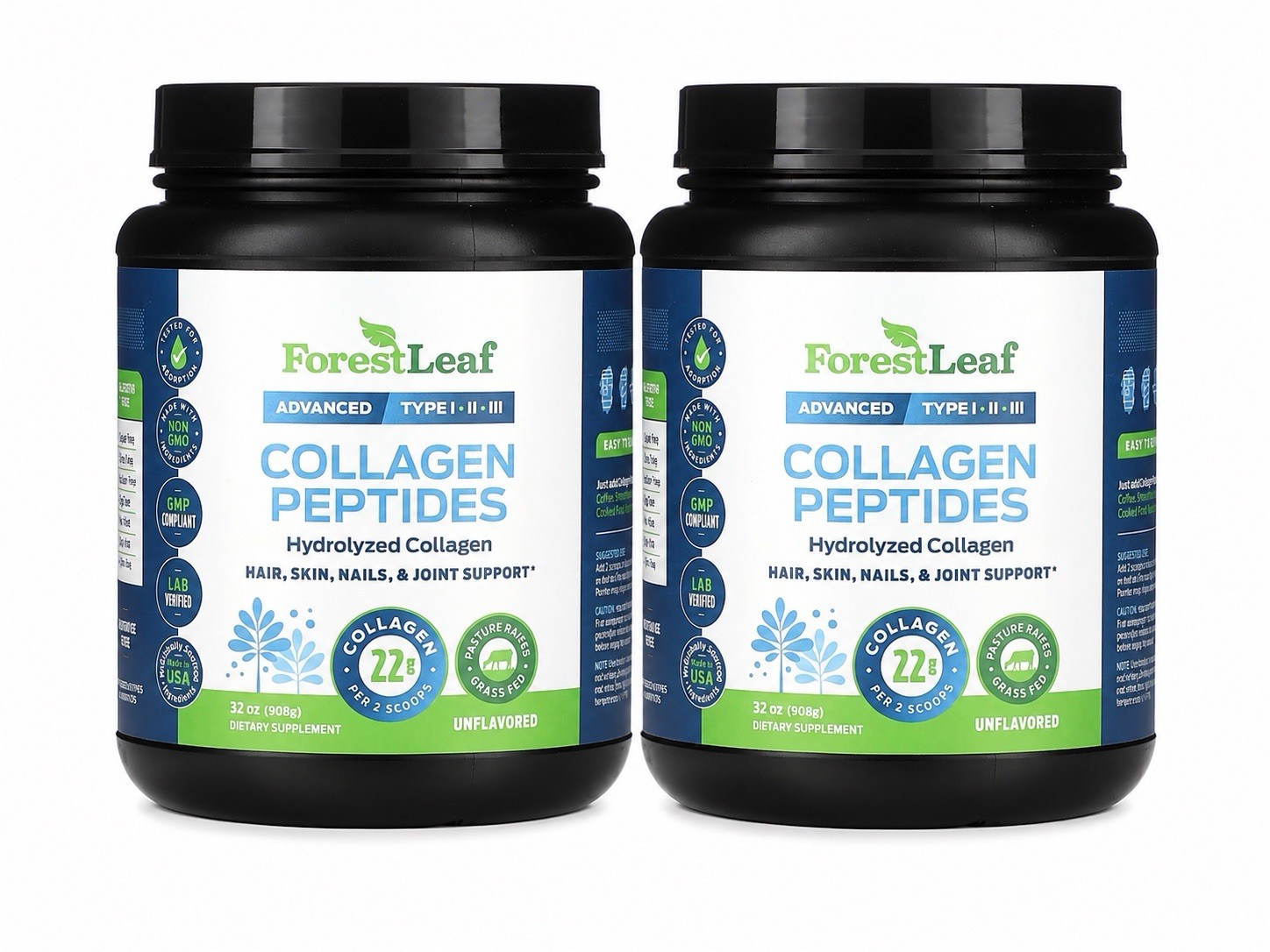 2 Forest Leaf Hydrolyzed Collagen Peptides Powder Unflavored Protein Powder 32oz