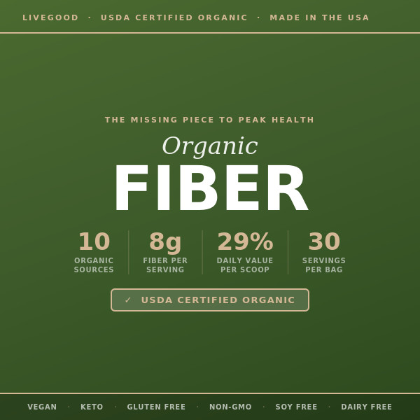 LiveGood USDA Organic Fiber Powder 8g Fiber 10 Sources Psyllium Vegan 30 Scoops