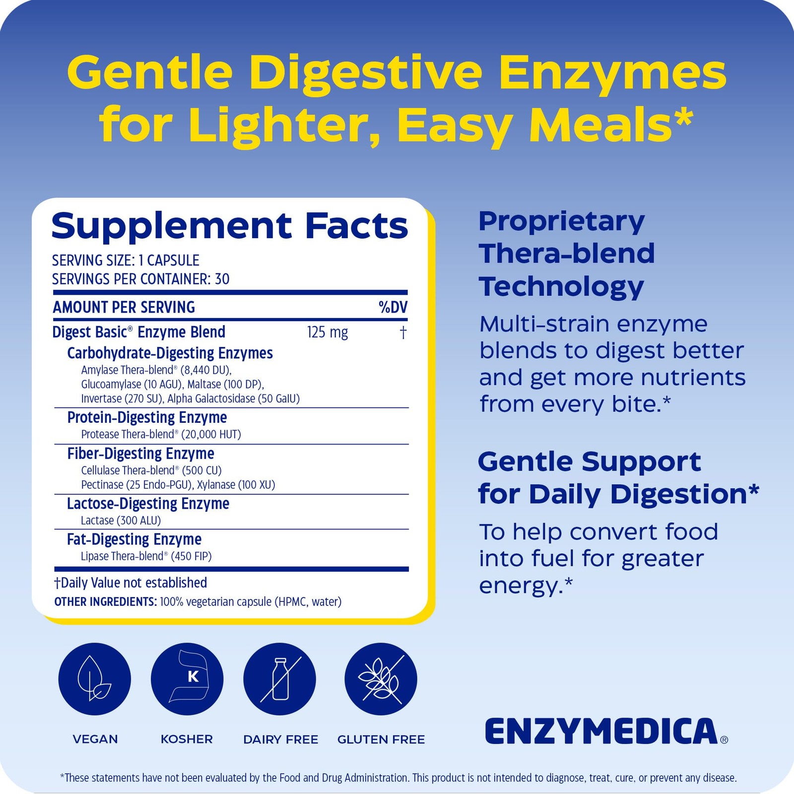 Enzymedica Digest Basic – Digestive Enzyme 30 Count (Pack of 1), No Color