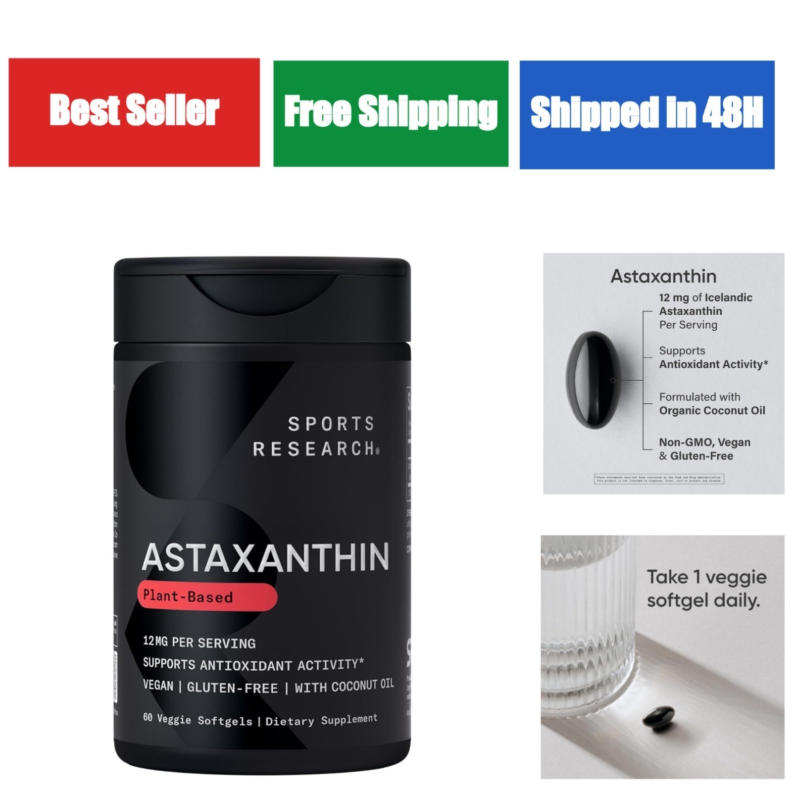 Sports Research Vegan Astaxanthin Supplement 12mg – 60 Softgels