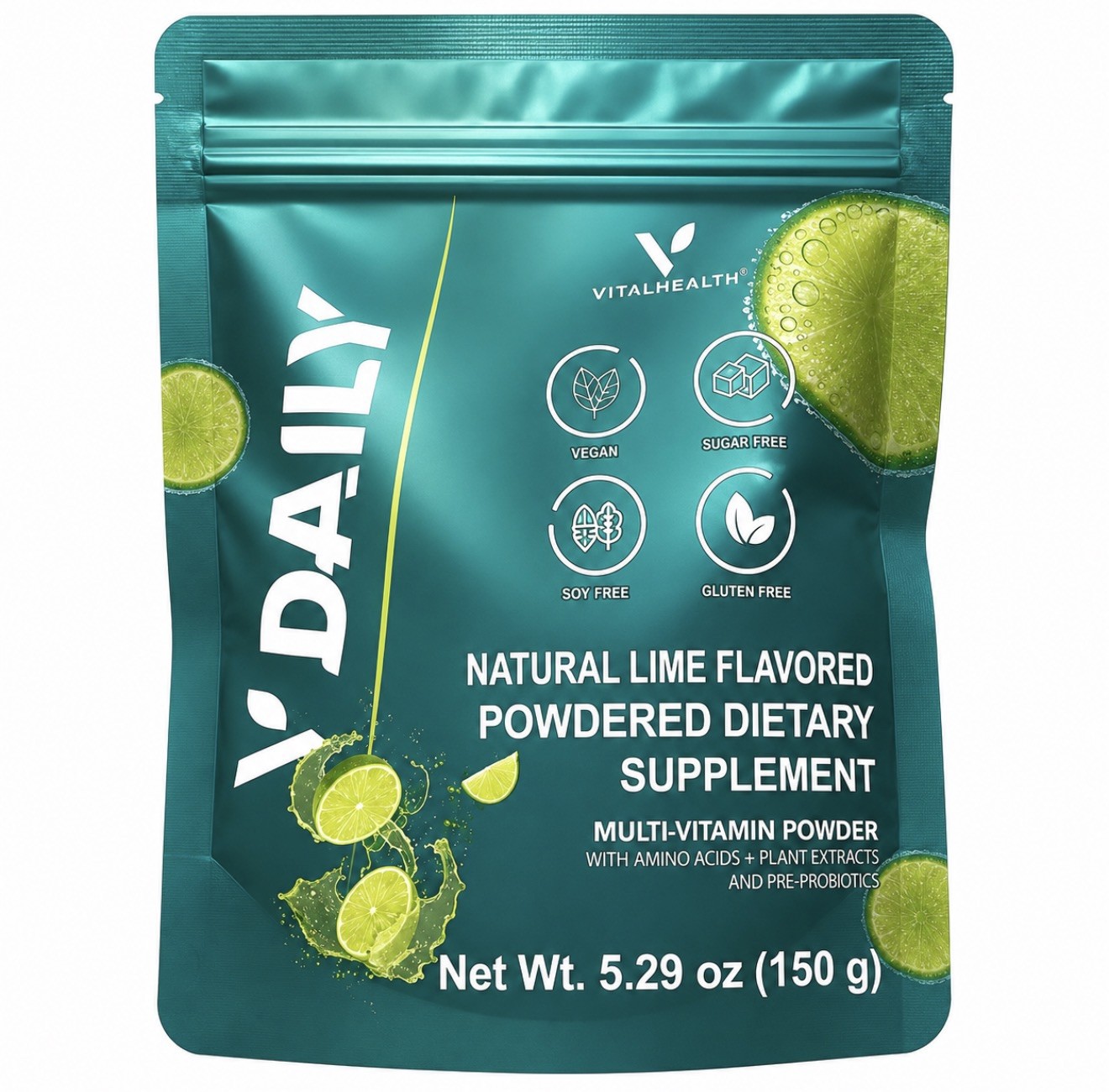 VitalHealth V-DAILY Lime Multivitamin Powder Vegan Sugar-Free 150g 5.29oz