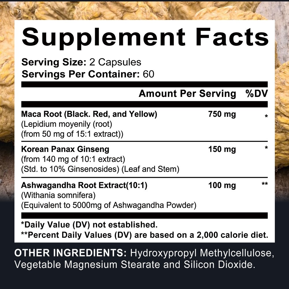 Maca Root with Ashwagandh – 2X Potency Natural Energy Booster 30/60/120 Caps