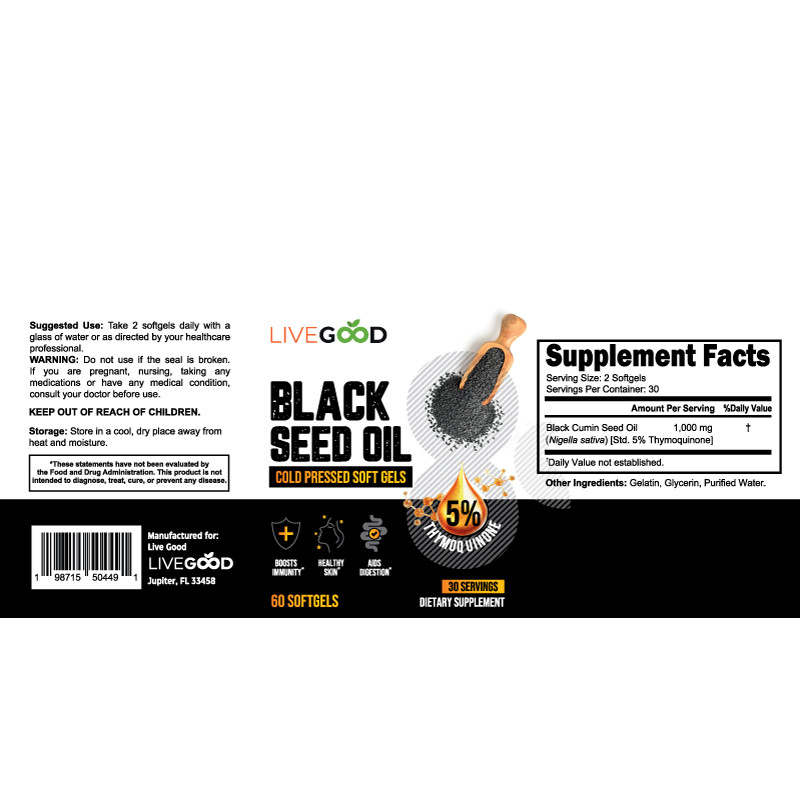 Black Seed Oil Softgels 1000mg 5% Thymoquinone Cold Pressed Organic 60ct