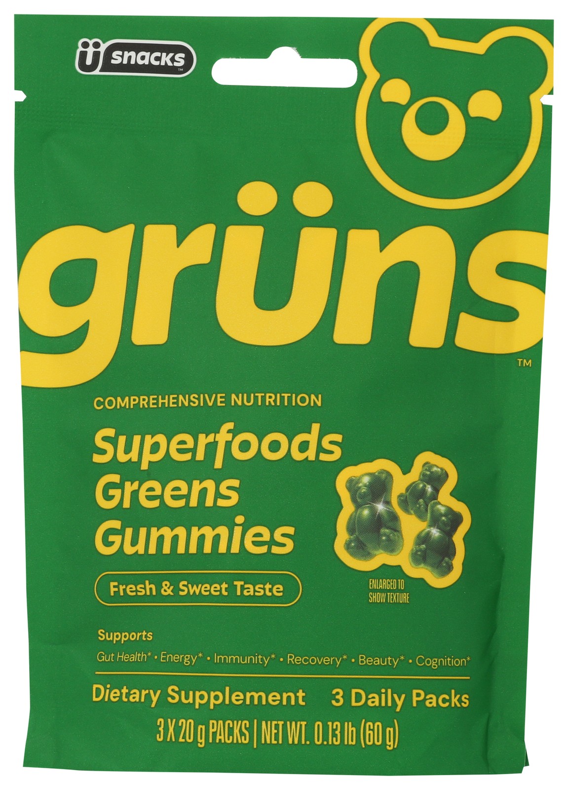 U Snacks Gruns Dietary Supplement Superfoods Greens Gummies 3 Packets 9 1 Pack