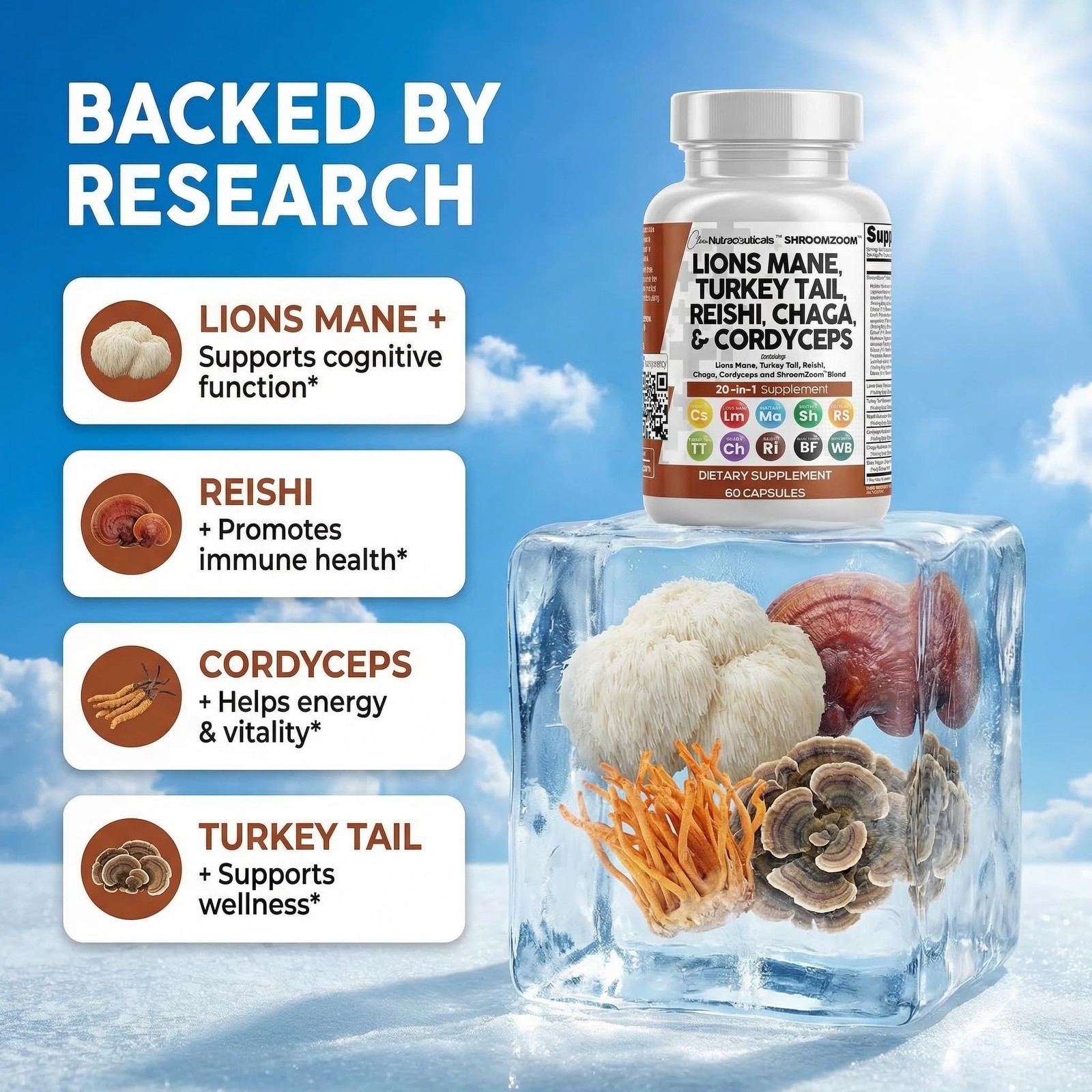 Clean Nutraceuticals Lions Mane 20in1 Mushroom 60 Count (Pack of 1), Natural