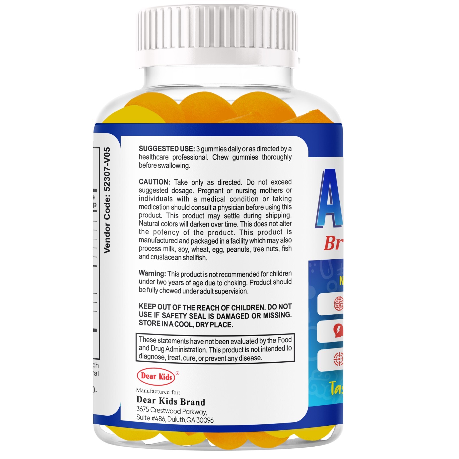 Brain Booster Memory Supplement Focus Gummies for Kids & Teens, Omega 3 & DHA 60
