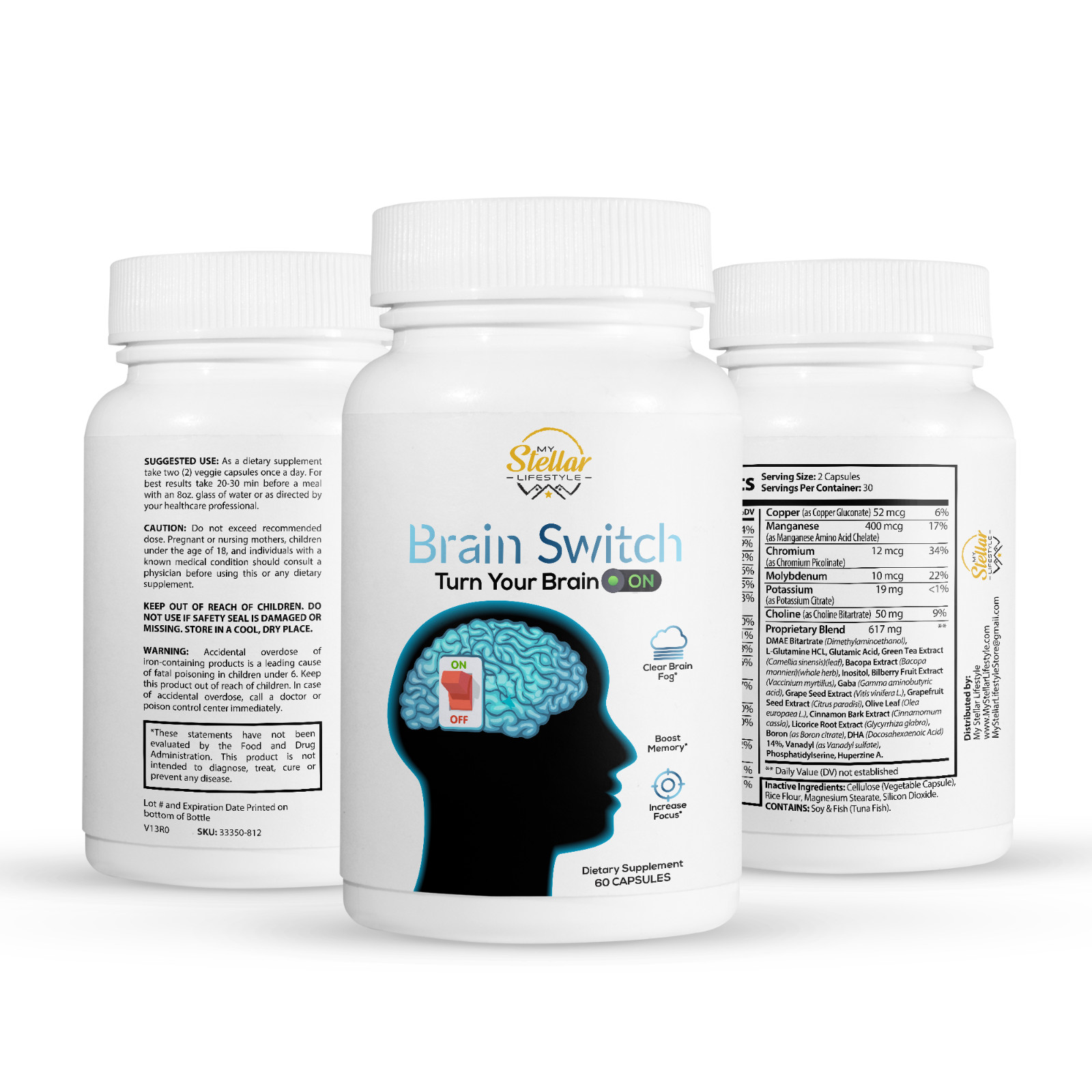 5 Pack Brain Switch, boost memory & increase focus-60 Capsules x5
