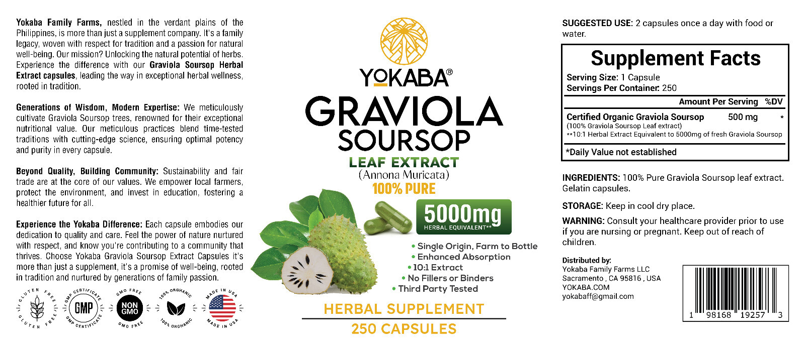 250 Capsules GRAVIOLA SOURSOP Leaf Extract 5000mg Annona Muricata