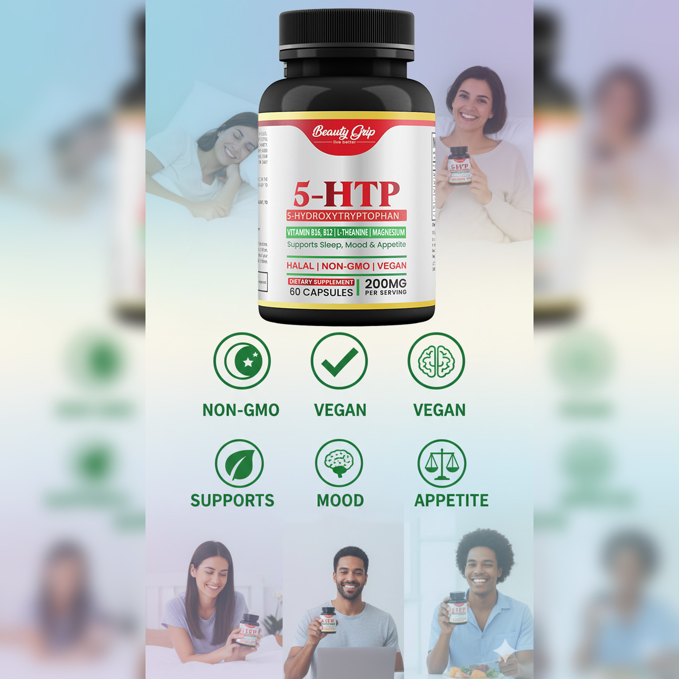 5-HTP 200mg with L-Theanine, Vitamin B6, B12 & Magnesium – Vegan, Halal, Non GMO