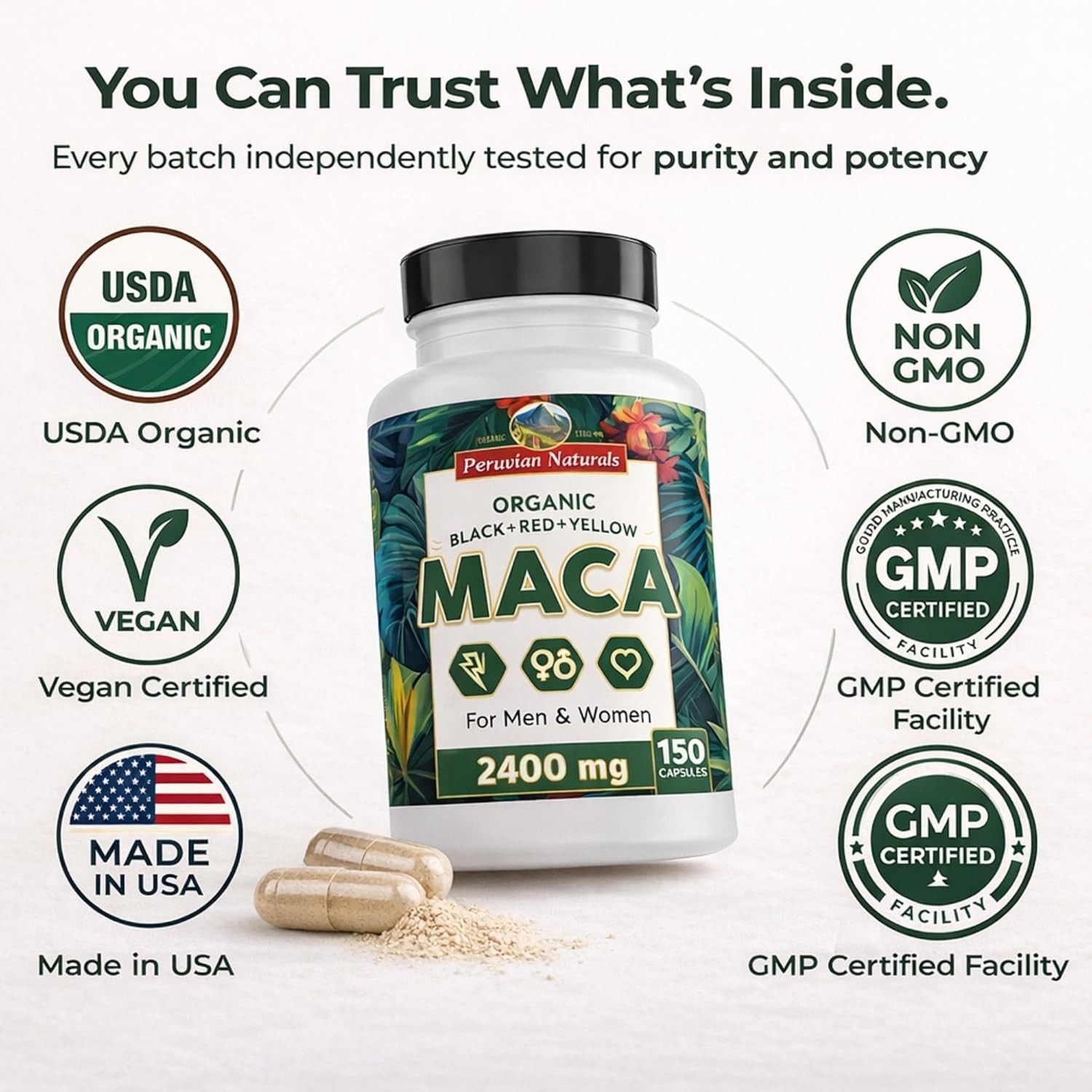 2 Organic Black Red Yellow Maca Root Capsules 300 for Women & Men 800mg – Peru