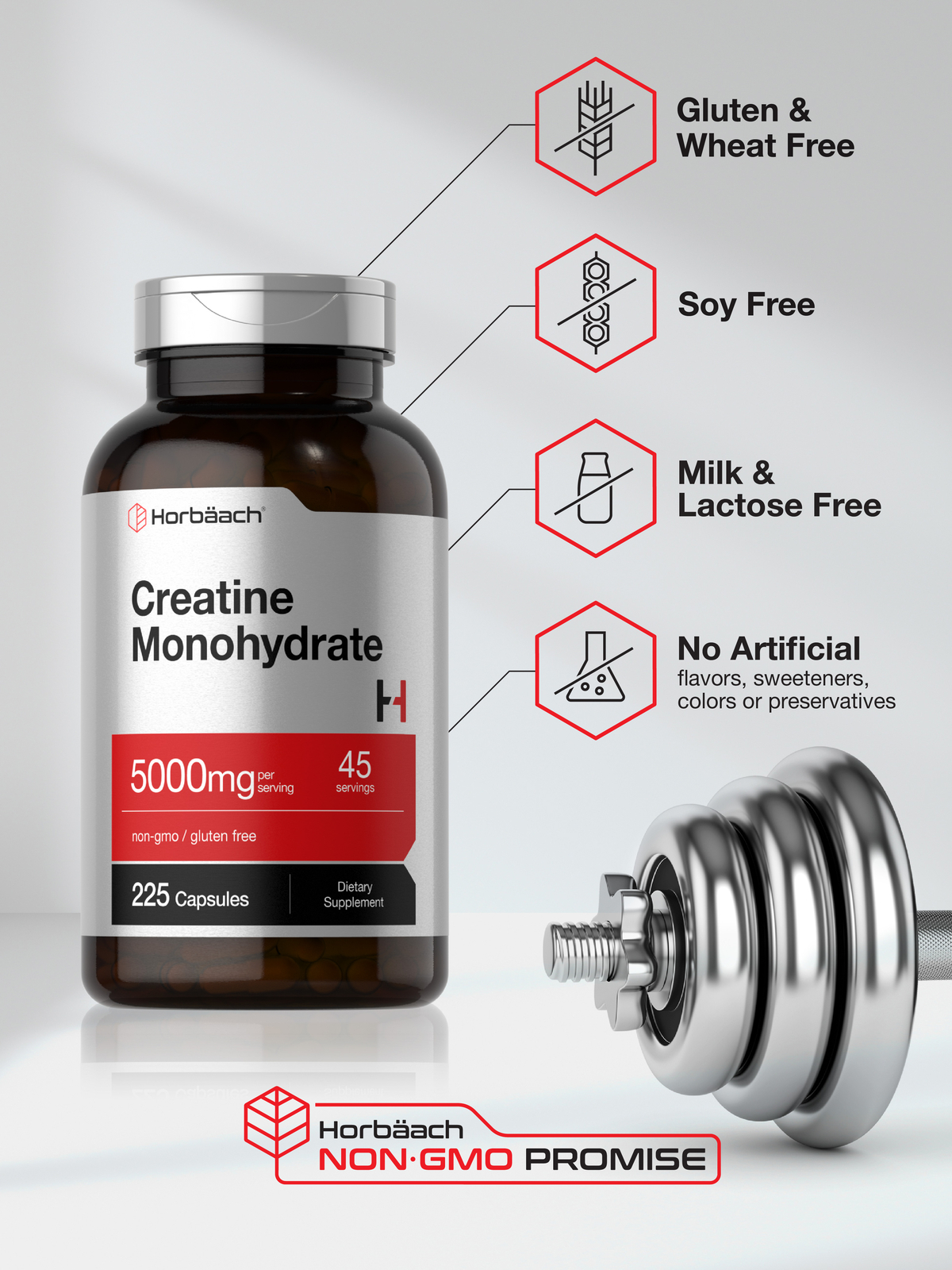 Creatine Monohydrate | 5g | 225 Capsules | Non-GMO, Gluten Free | by Horbaach