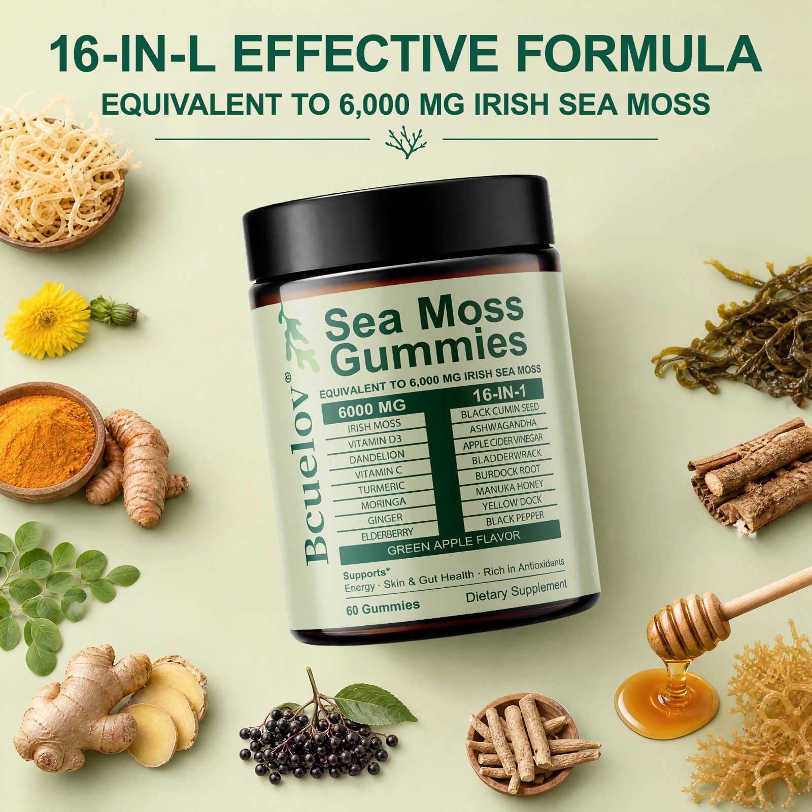 6000mg Irish Sea Moss Gummies 16-in-1 Formula for Digestion Skin&Immunity 60 Pcs
