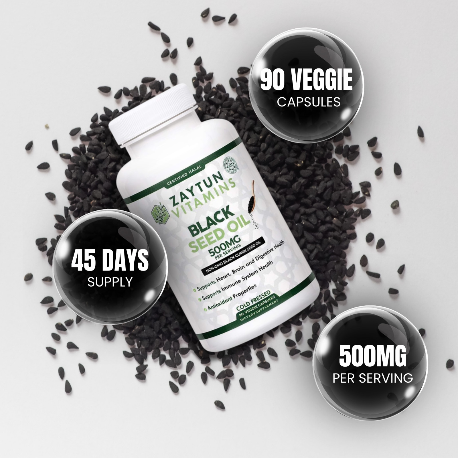 Zaytun Vitamins Halal Black Seed Oil Capsules, Premium Nigella Sativa, 90 Count