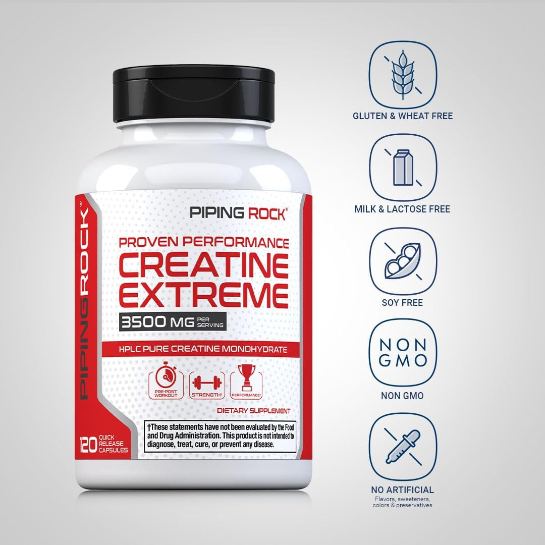 Piping Rock Creatine Monohydrate Capsules | 3500 mg | 120 Pills | Non-GMO, Glute
