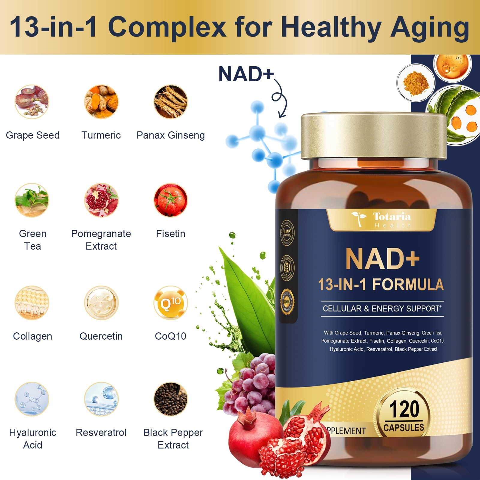 Totaria NAD Supplement for Women Men with nicotinamide 120 Count (Pack of 1)