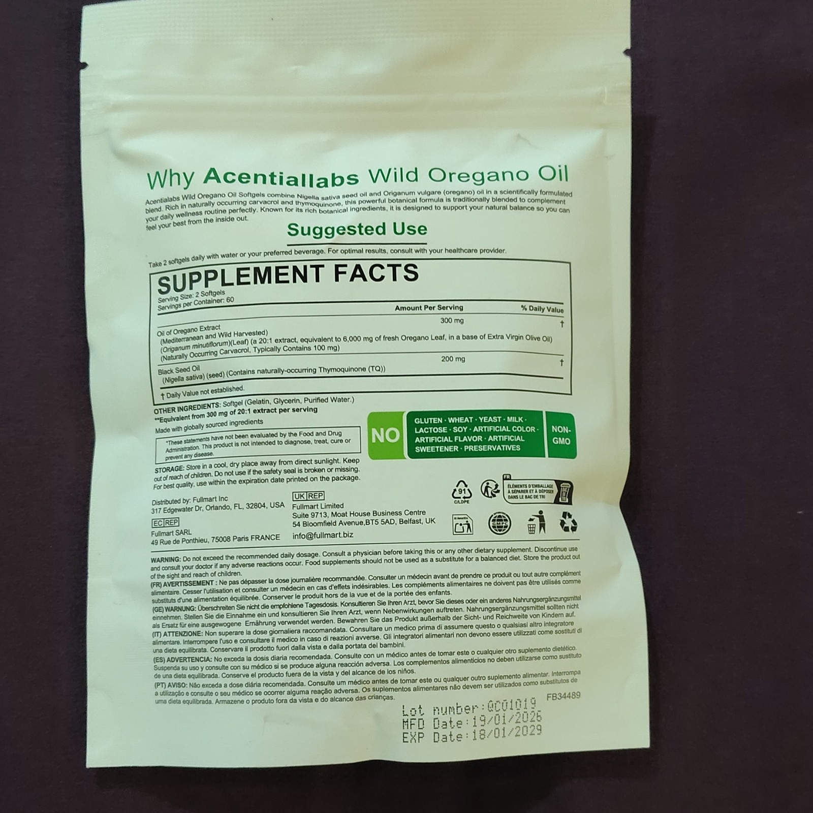 Acentialabs Wild Oregano Oil 6000mg + Black Seed Oil 120 Softgels Non-GMO