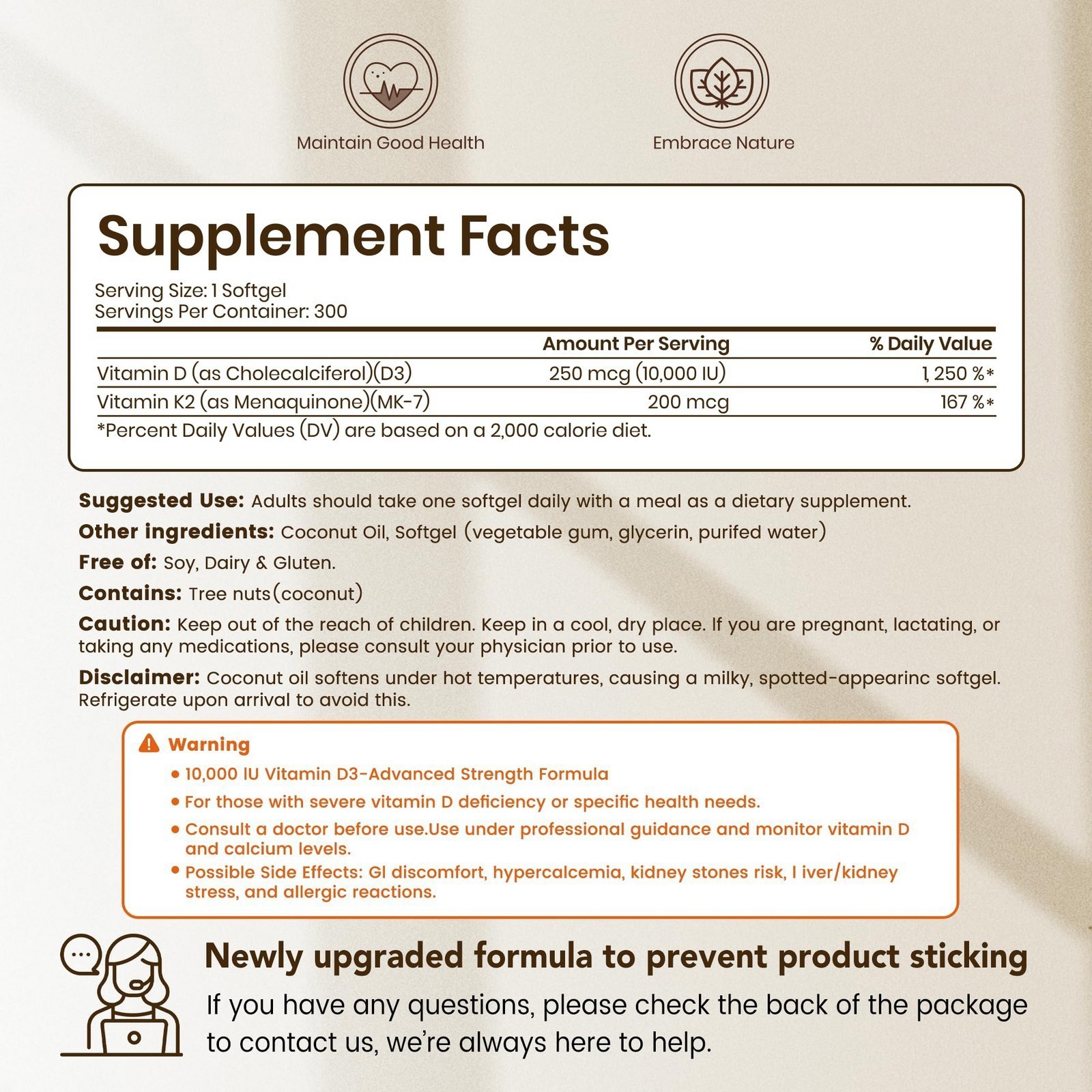 Corefeel Vitamin D3 K2 10,000 IU, 200 mcg MK|7, 300 Coconut Oil Softgels, 2 i