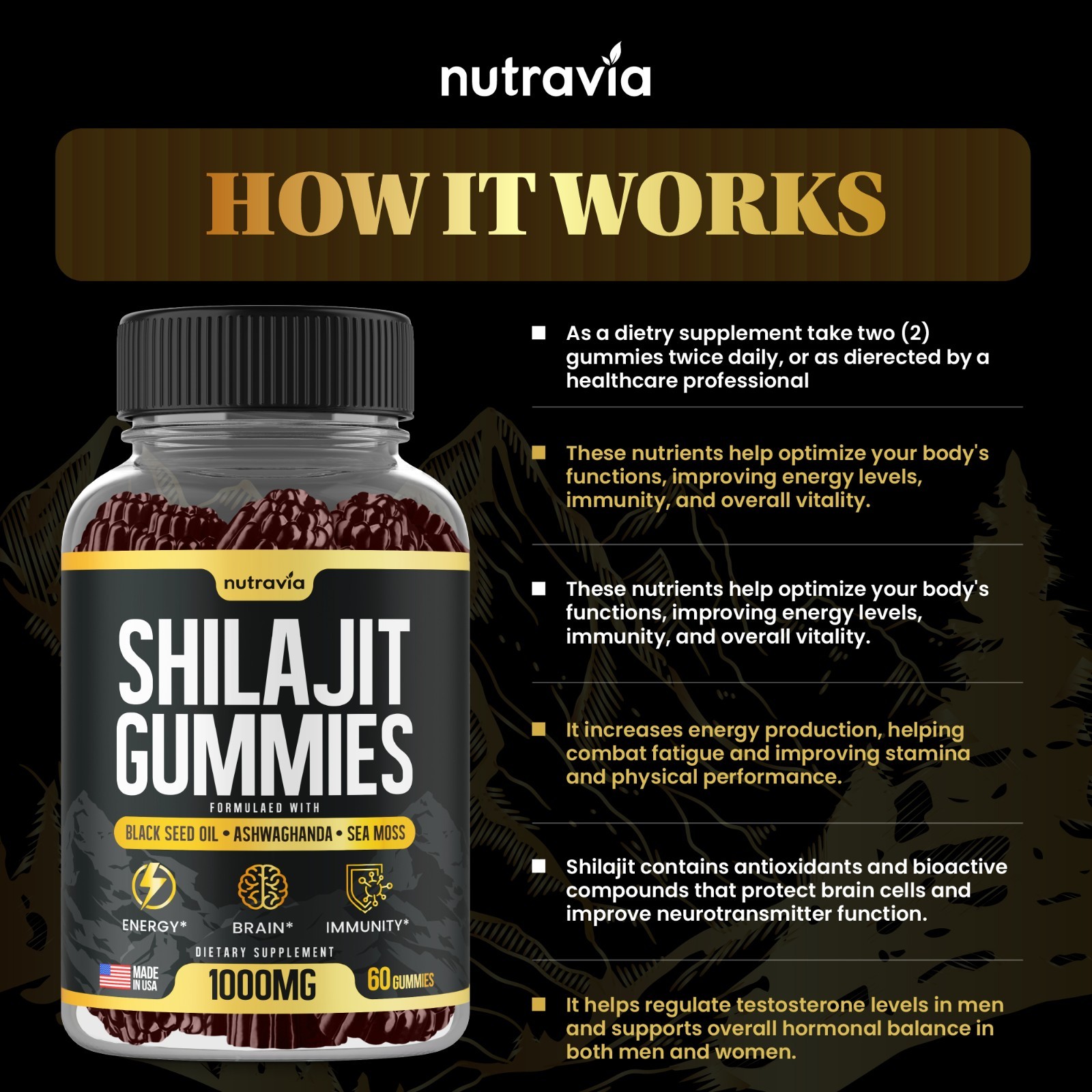 Shilajit Gummies – 3 in 1 with Sea Moss, Black Seed Oil, Ashwagandha Gummies