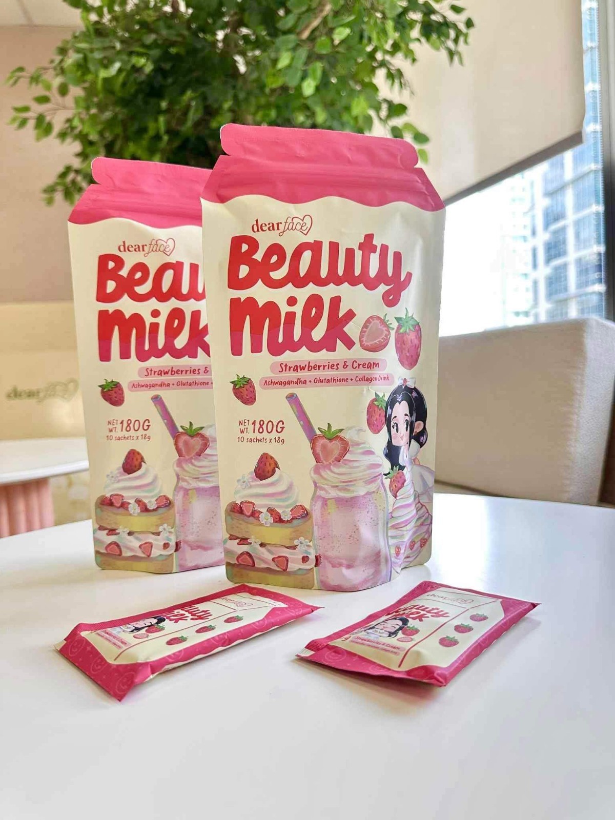 Dear Face Beauty Strawberries and Cream Collagen Drink, 10 Sachets x 18g