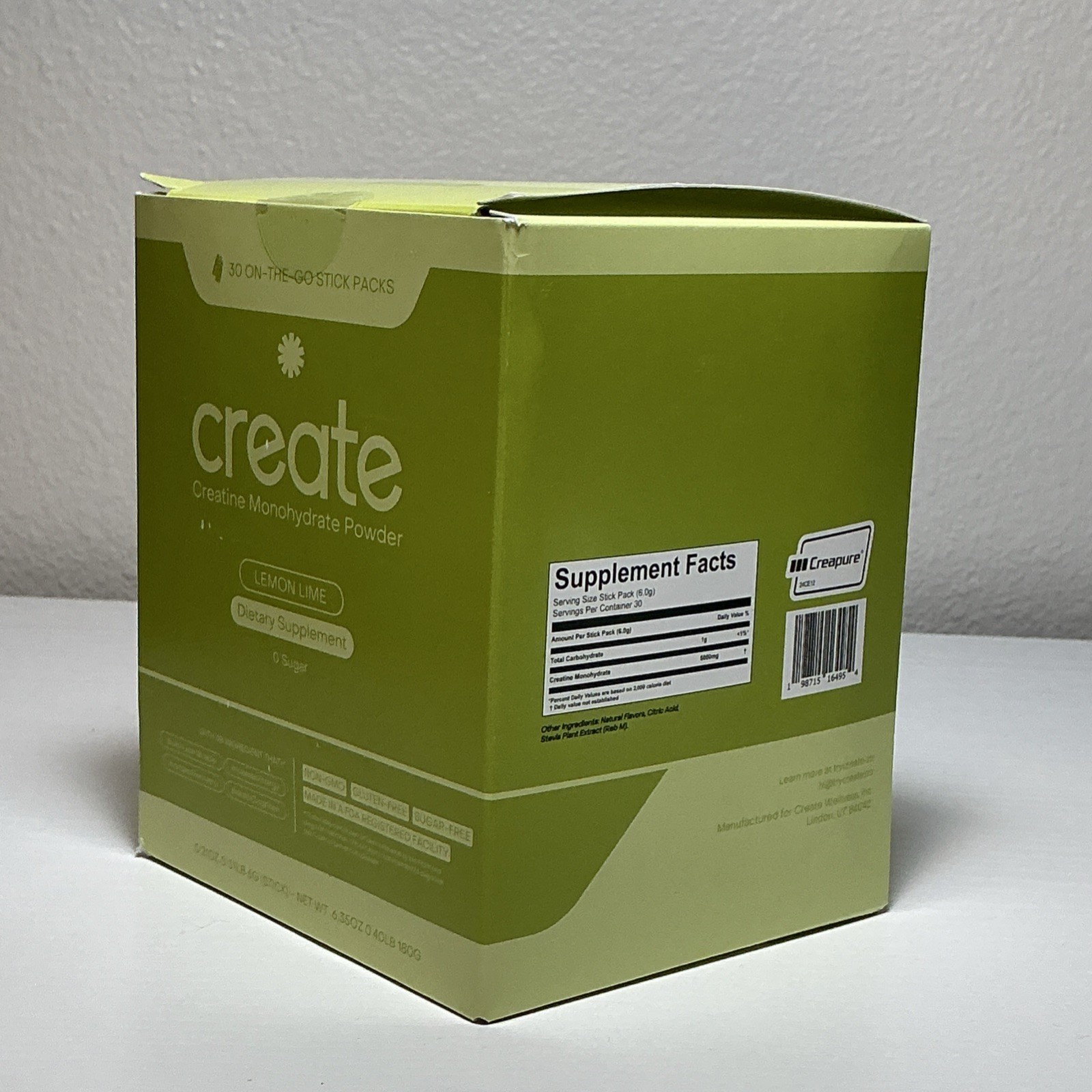 Create Creatine Monohydrate Powder Lemon Lime 30 Stick Packs Non-GMO Gluten-Free