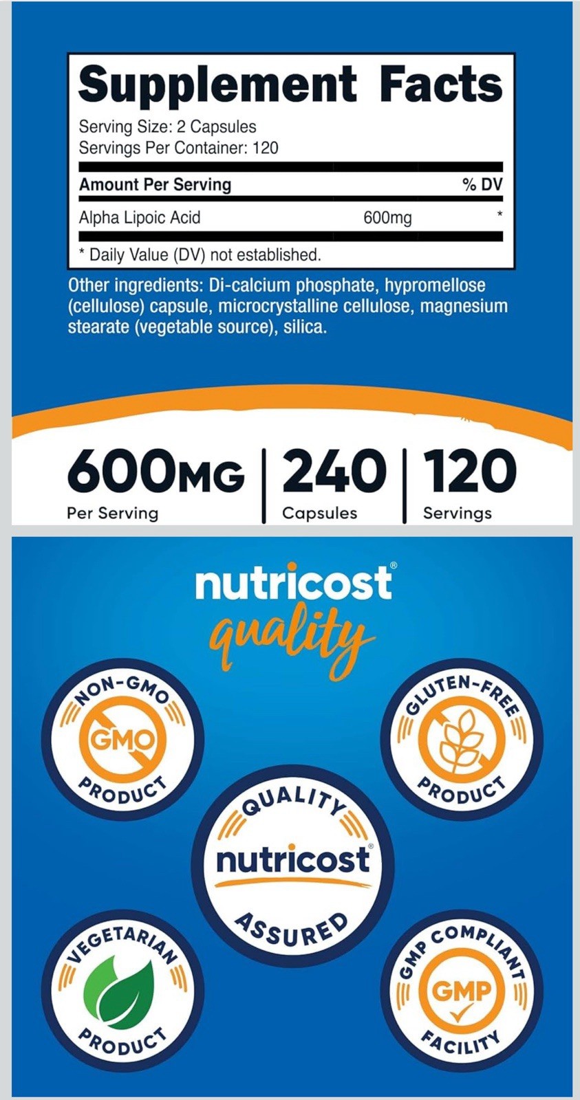 Nutricost Alpha Lipoic Acid – 600mg Per Serving – 240 Capsules
