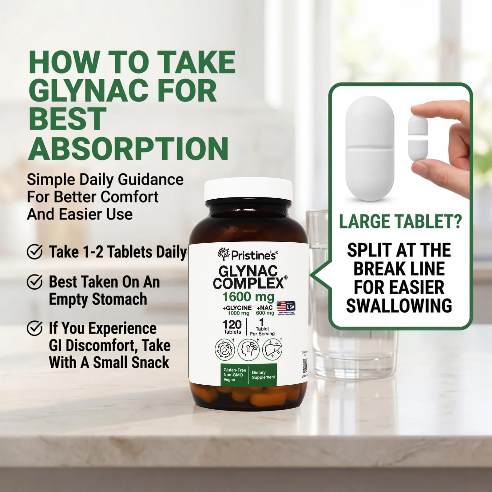 GlyNAC Supplement Complex Large Size Tablet 1600MG 120 Count (Pack of 1)