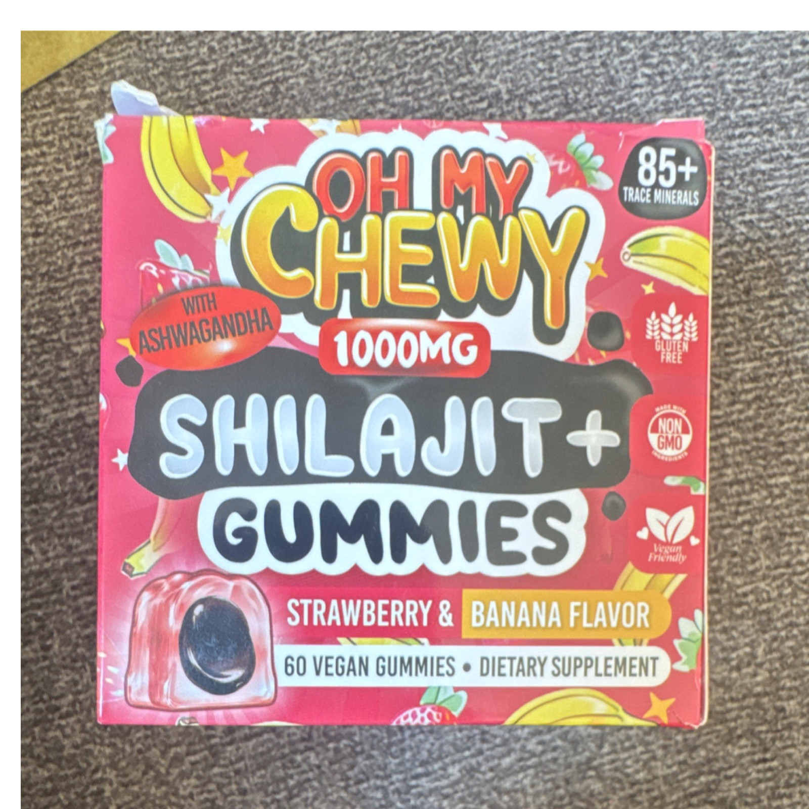 Oh My Chewy Shilajit Ashwagandha Gummies Strawberry Banana 1000mg Vegan 60ct