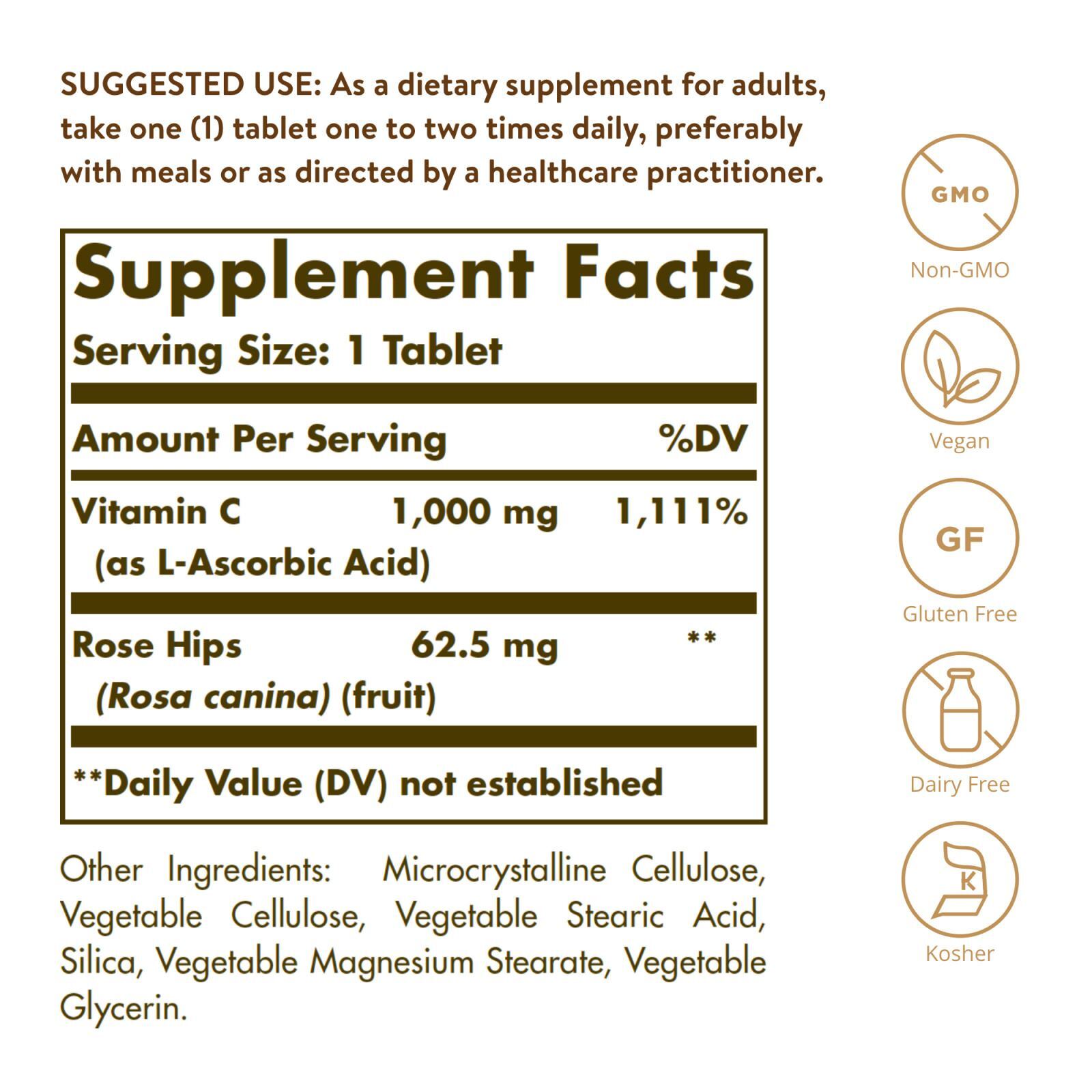 Solgar Vitamin C 1000 mg with Rose Hips 250 Tablets, Immune Support