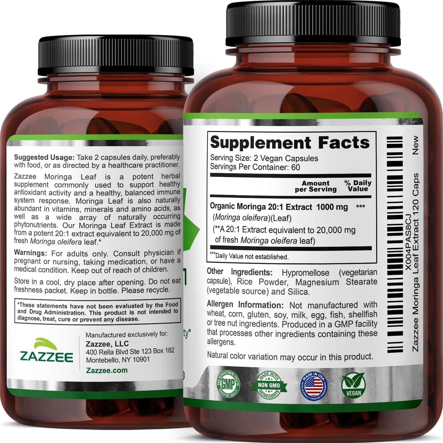 Zazzee USDA Organic Moringa Leaf 20:1 Extract, 1000 mg per Serving, 120 Vegan